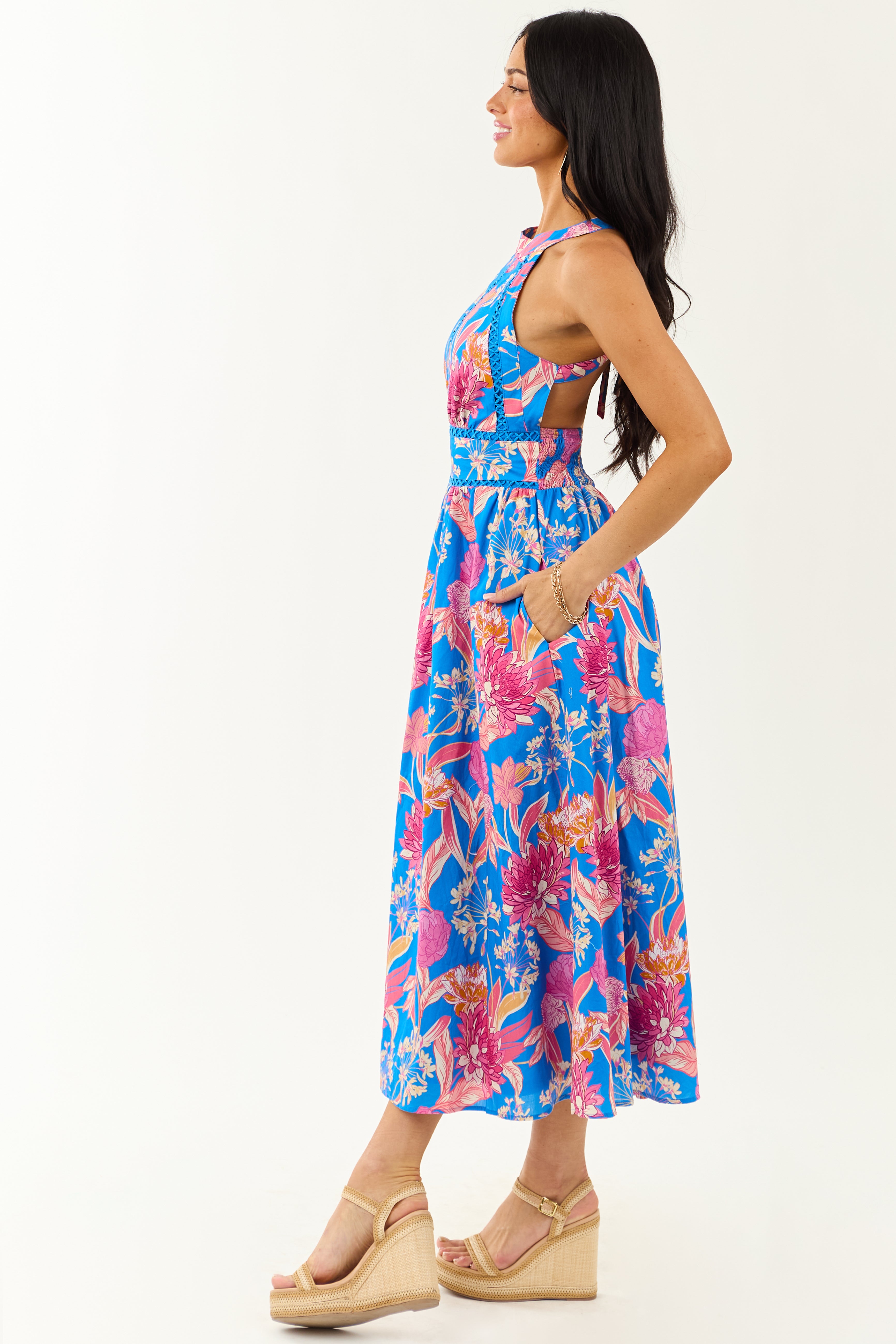 Flying Tomato Azure Floral Cotton Halter Midi Dress