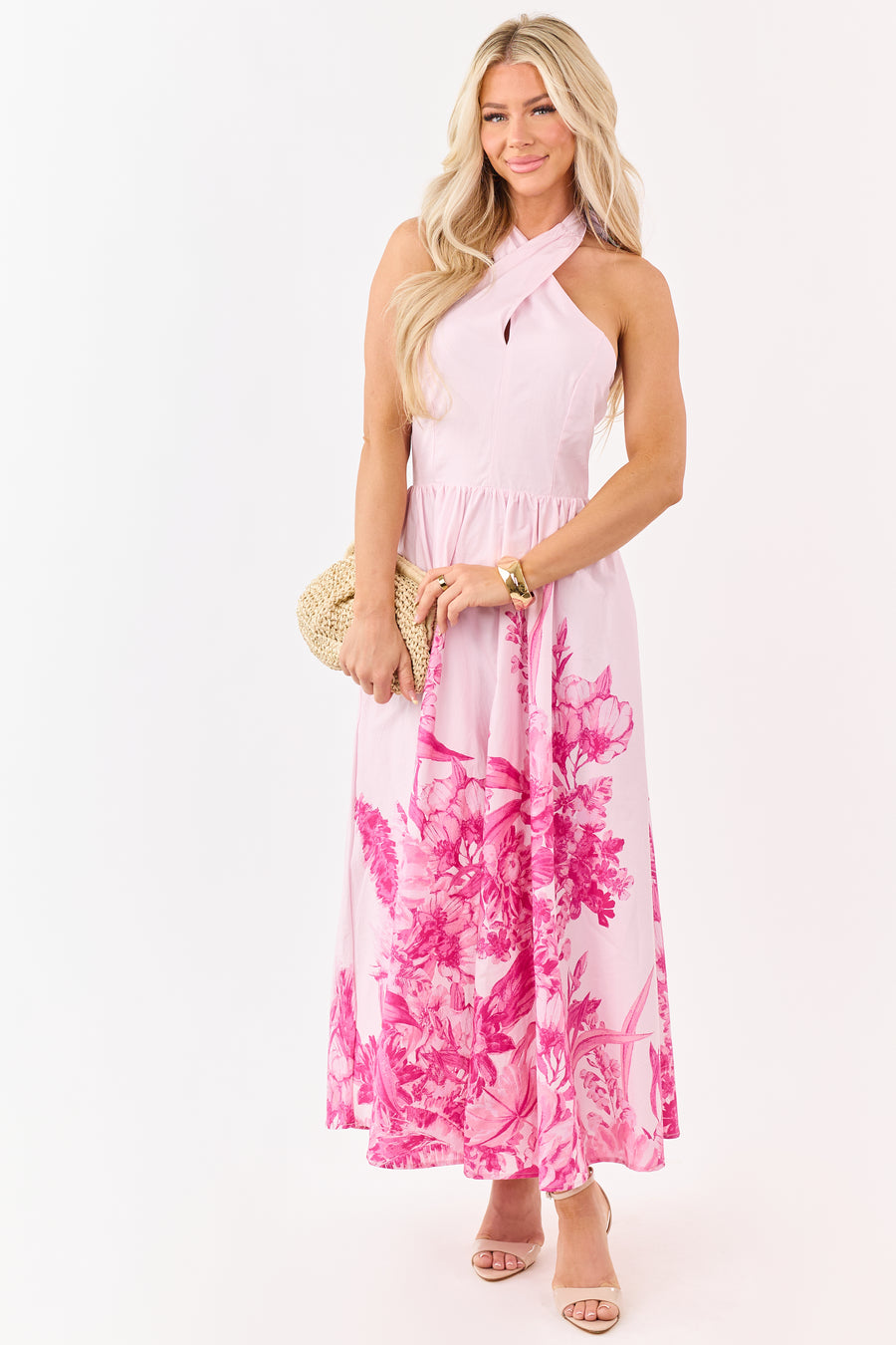 Flying Tomato Blush Cotton Floral Halter Midi Dress