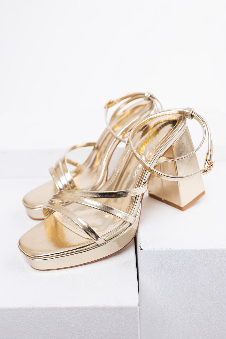 Gold Block Heel Strappy Dress Sandals