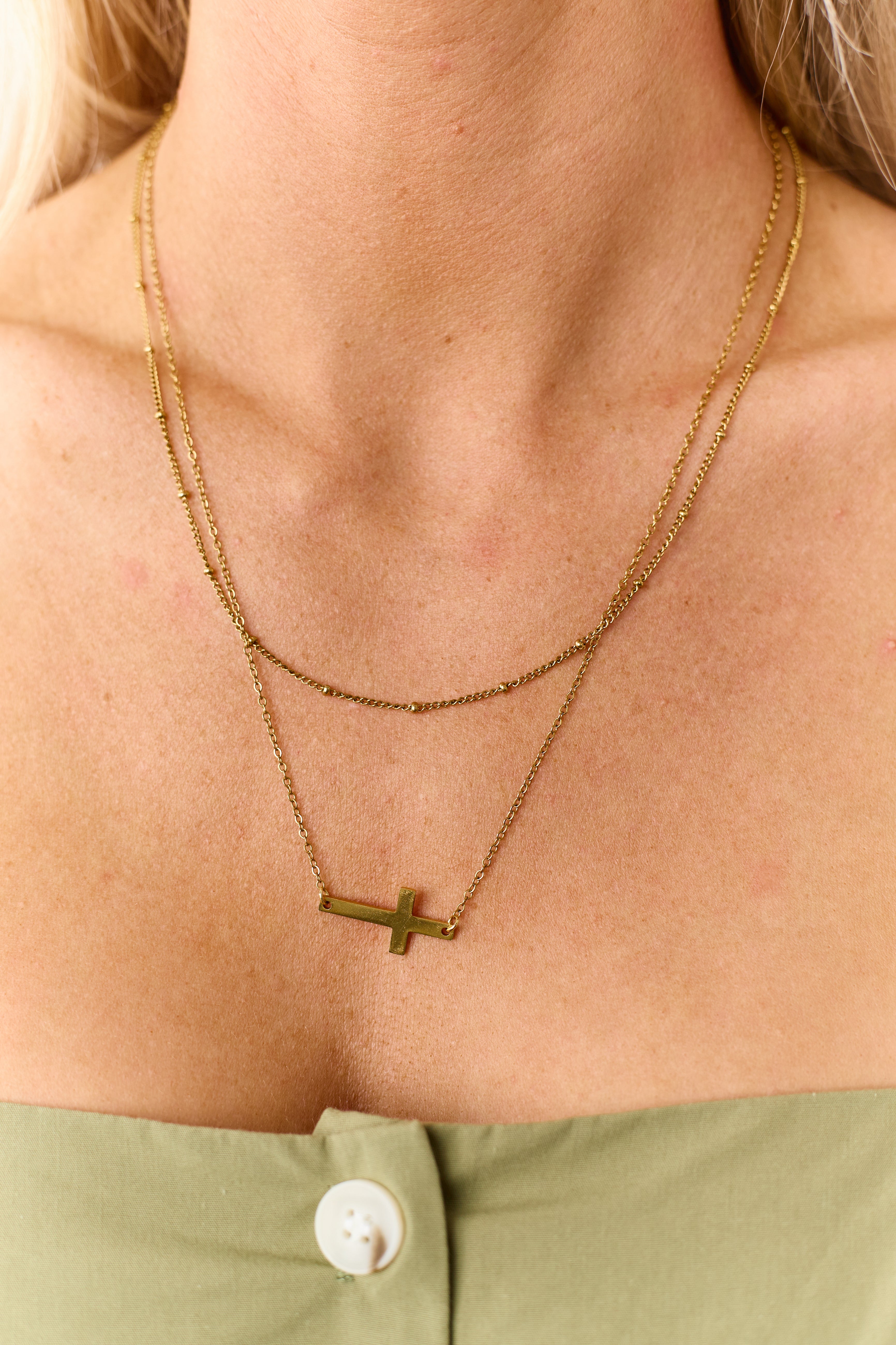 Gold Double Chain Cross Pendant Necklace | Lime Lush Boutique