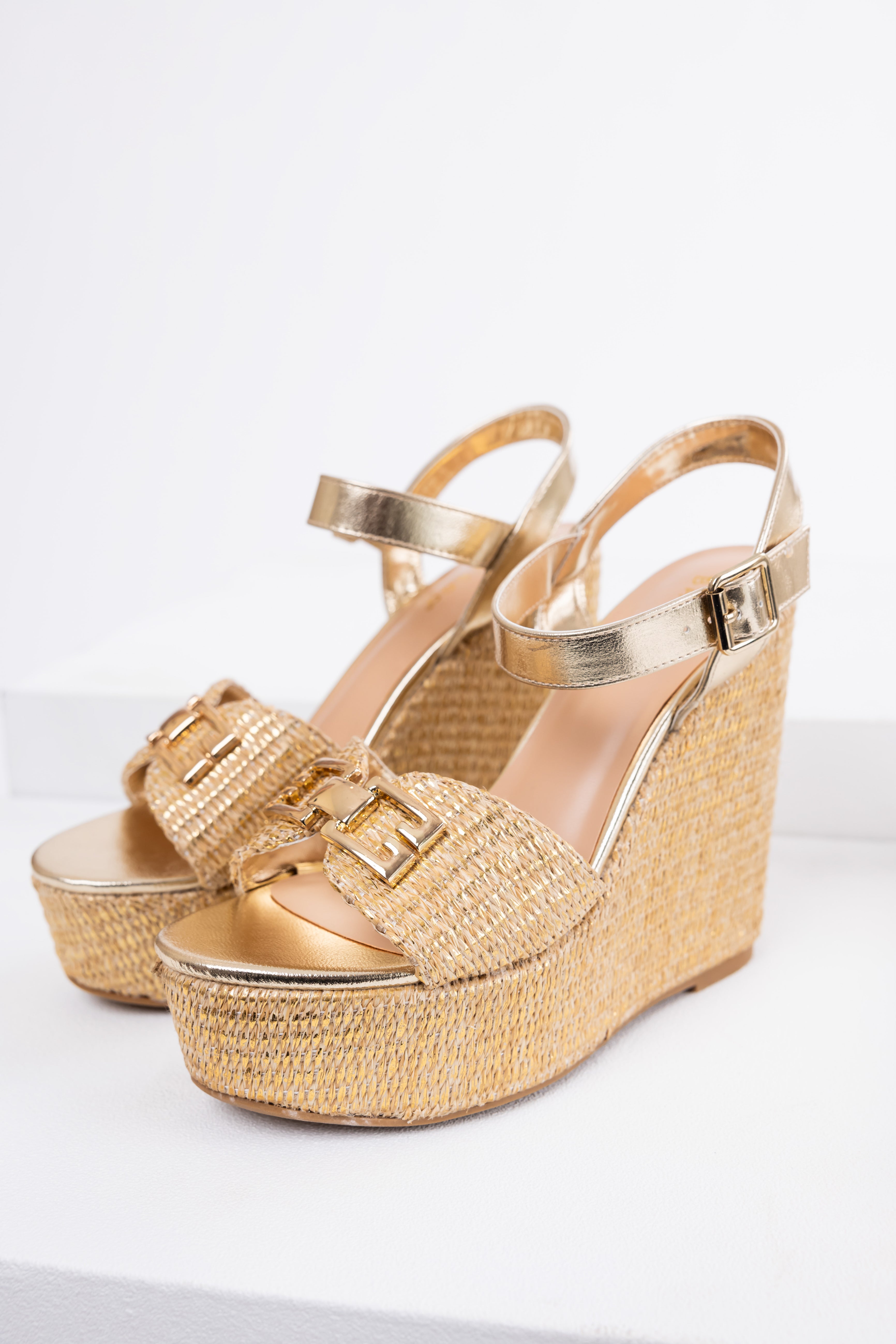 Gold Open Toe Woven Espadrille Wedge Heels | Lime Lush Boutique