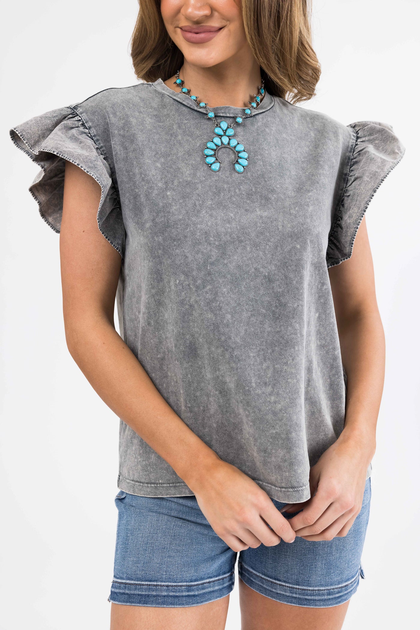 Graphite Washed Short Ruffle Sleeve Top