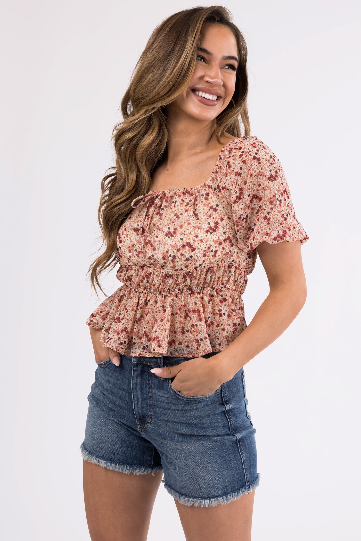 Hazy Coral Ditsy Floral Puff Sleeve Peplum Top
