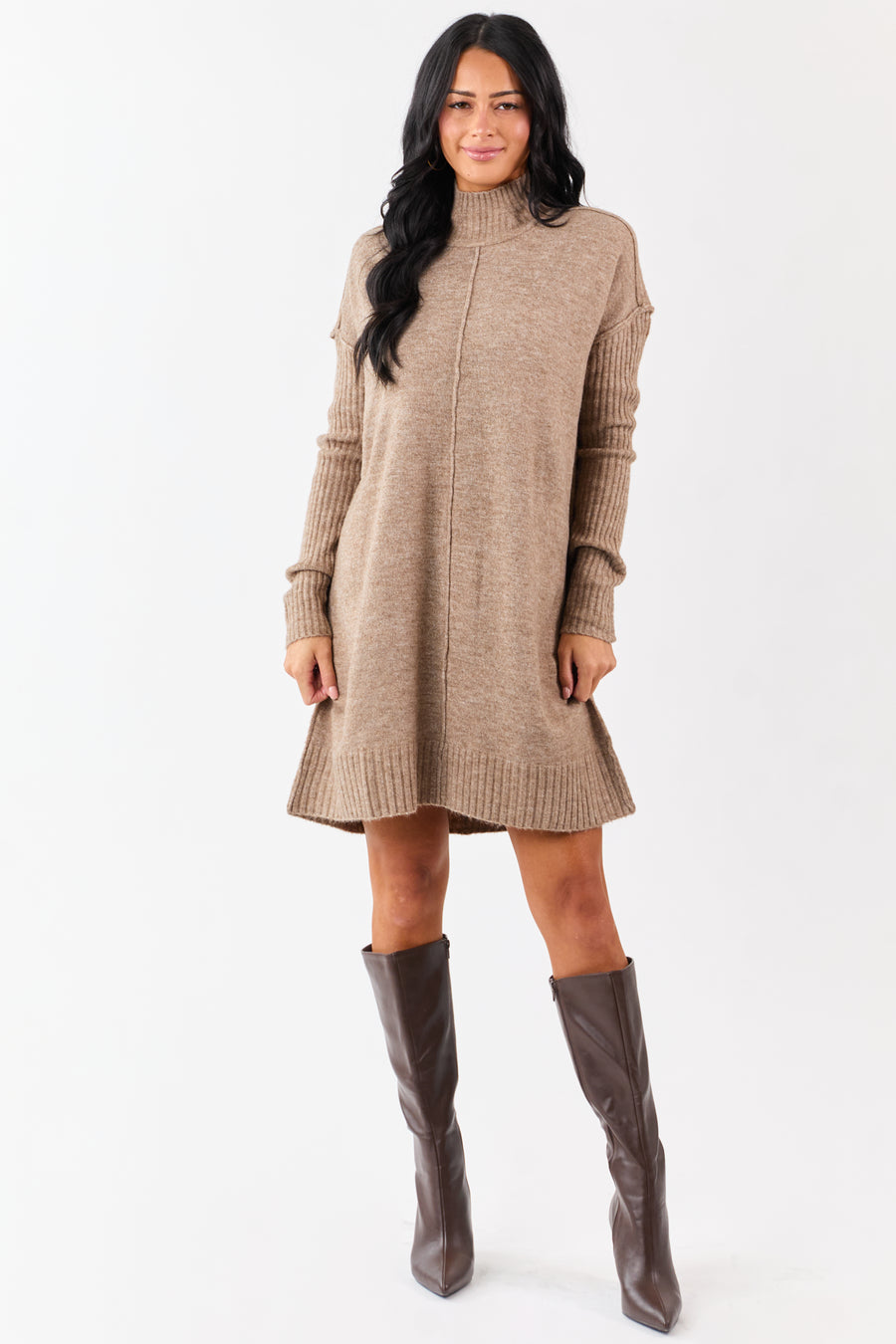 Heathered Coffee Mock Neck Mini Sweater Dress | Lime Lush Boutique Heathered Coffee Mock Neck Mini Sweater Dress | Lime Lush Boutique