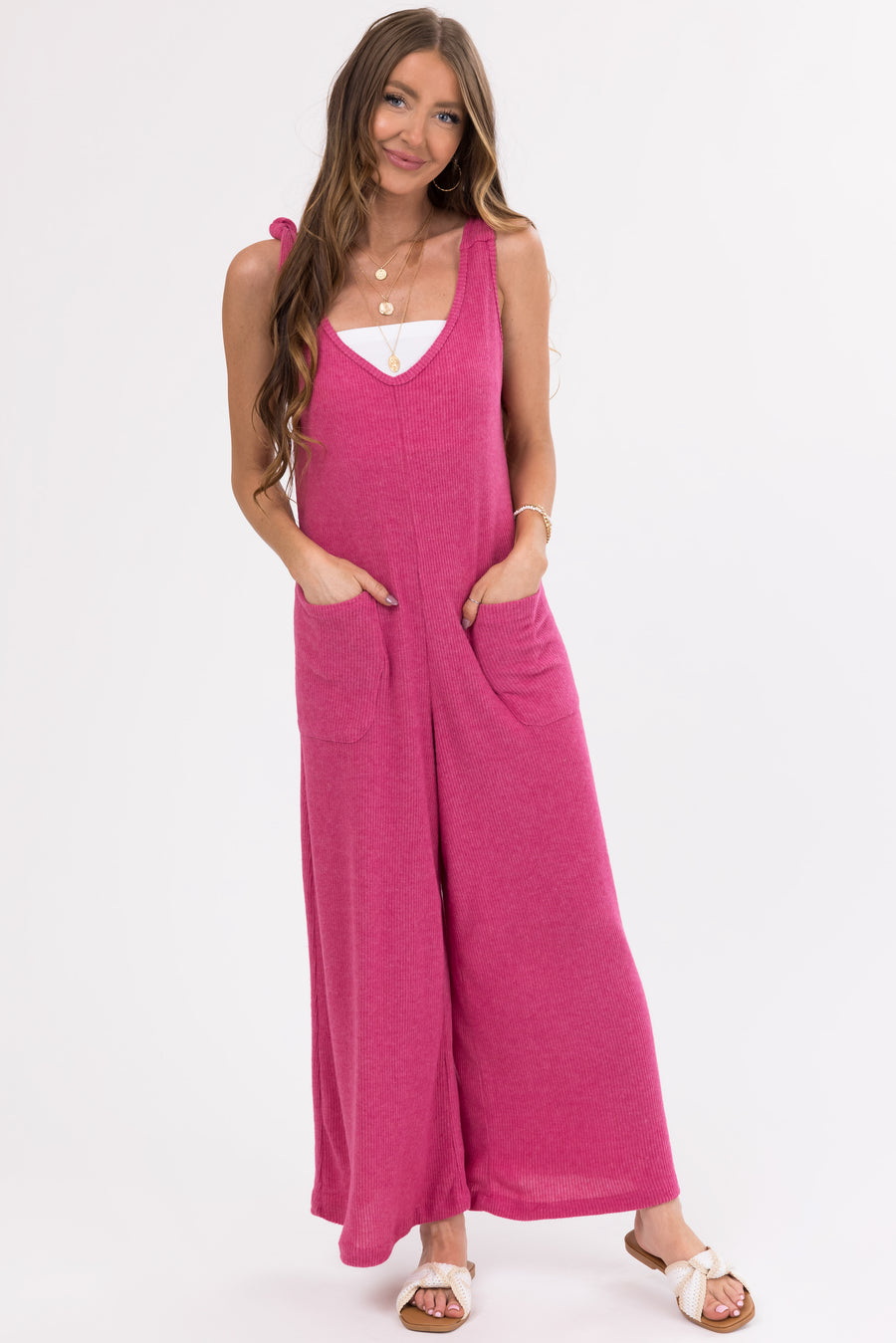 Hibiscus Knot Strap Wide Leg Ribbed Jumpsuit