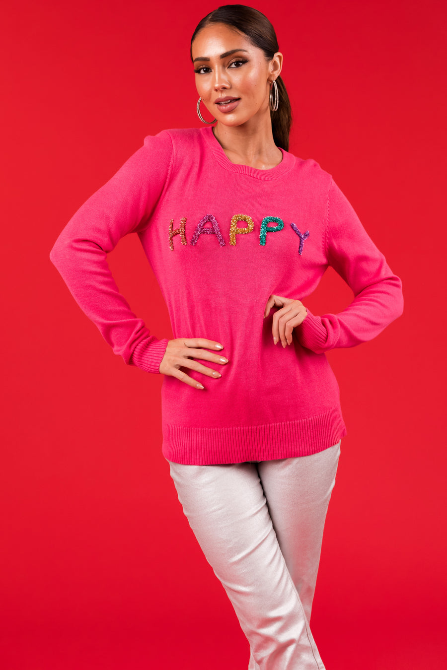 Hot Pink 'Happy' Tinsel Lettering Sweater