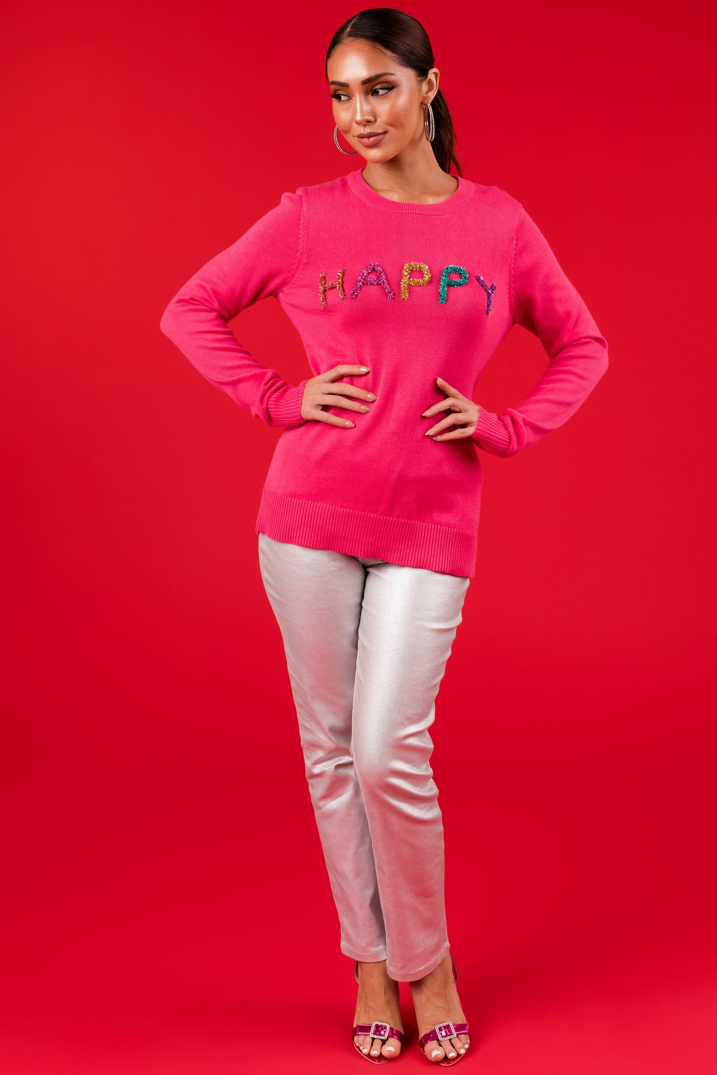Hot Pink 'Happy' Tinsel Lettering Sweater