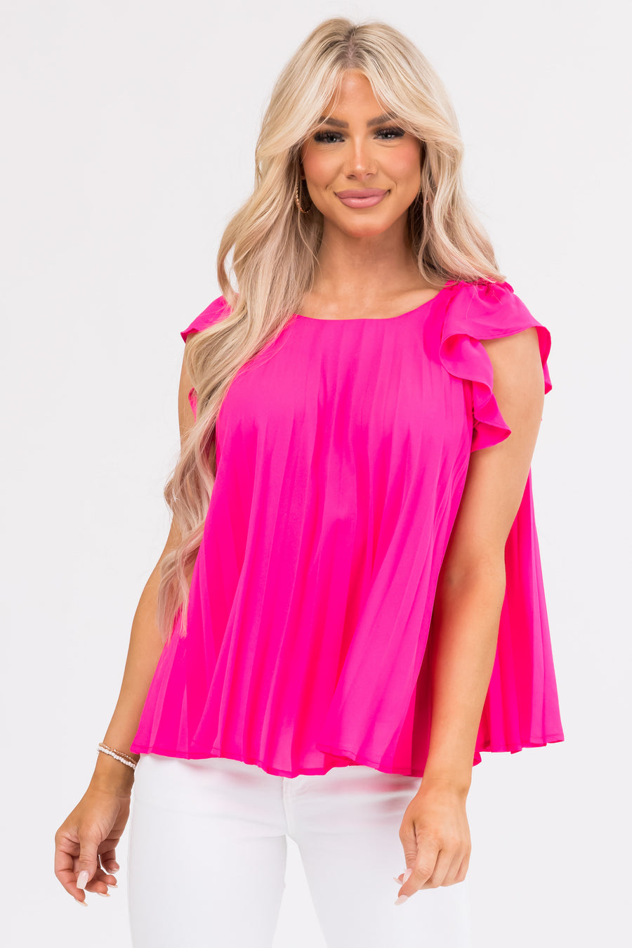Hot Pink Pleated Ruffle Short Sleeve Woven Top