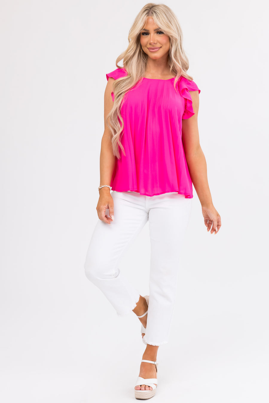 Hot Pink Pleated Ruffle Short Sleeve Woven Top