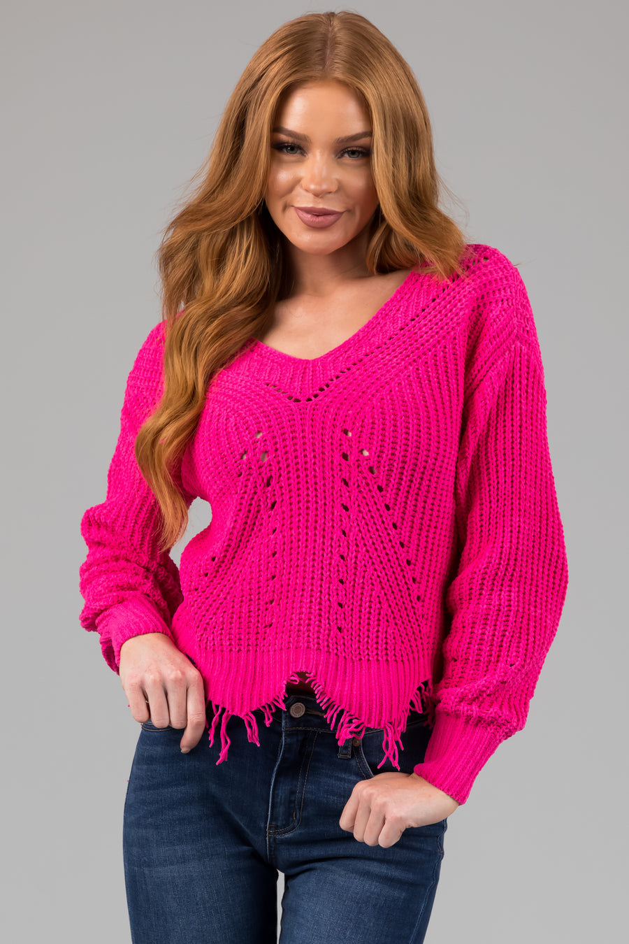 Hot Pink Scalloped Fringe Hem Chenille Sweater