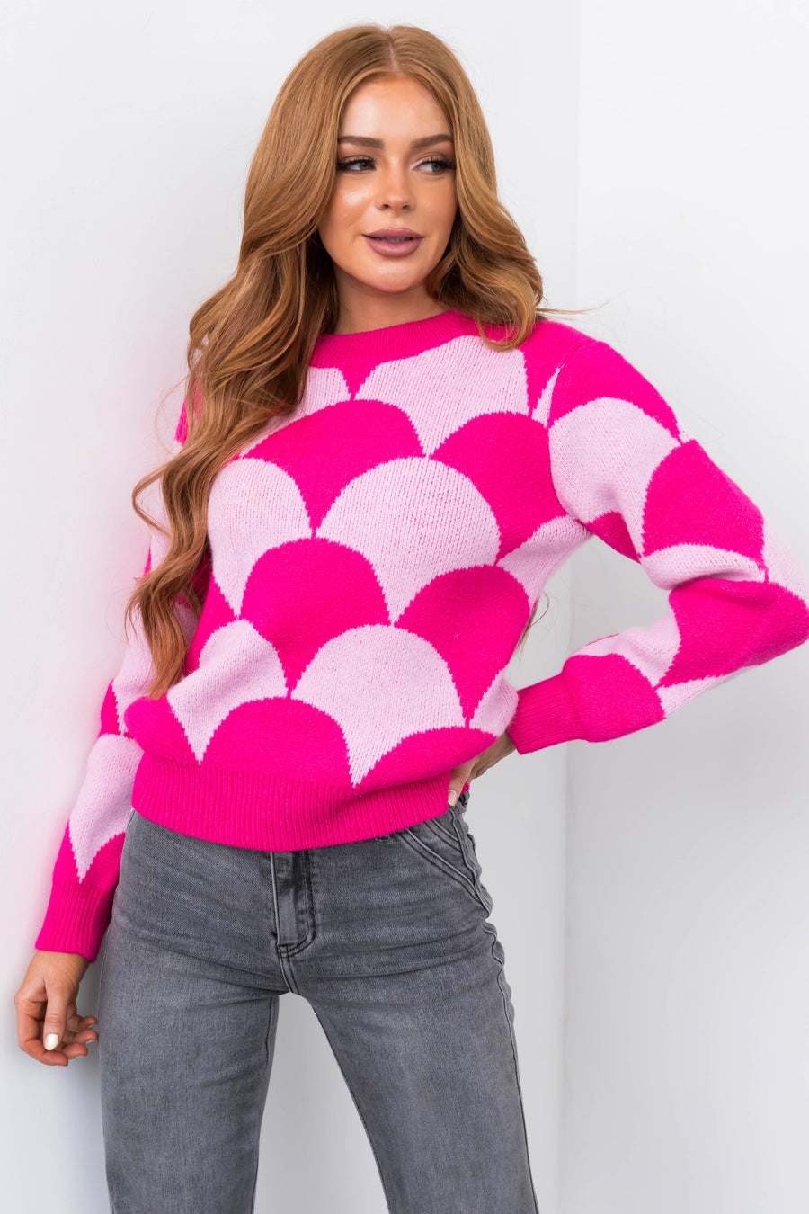 Hot Pink and Blush Scallop Print Knit Sweater