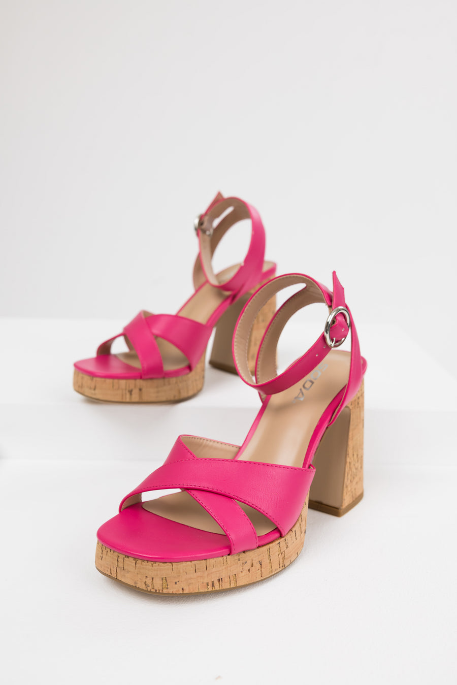 Hot Pink Ankle Strap Cork Platform Heels