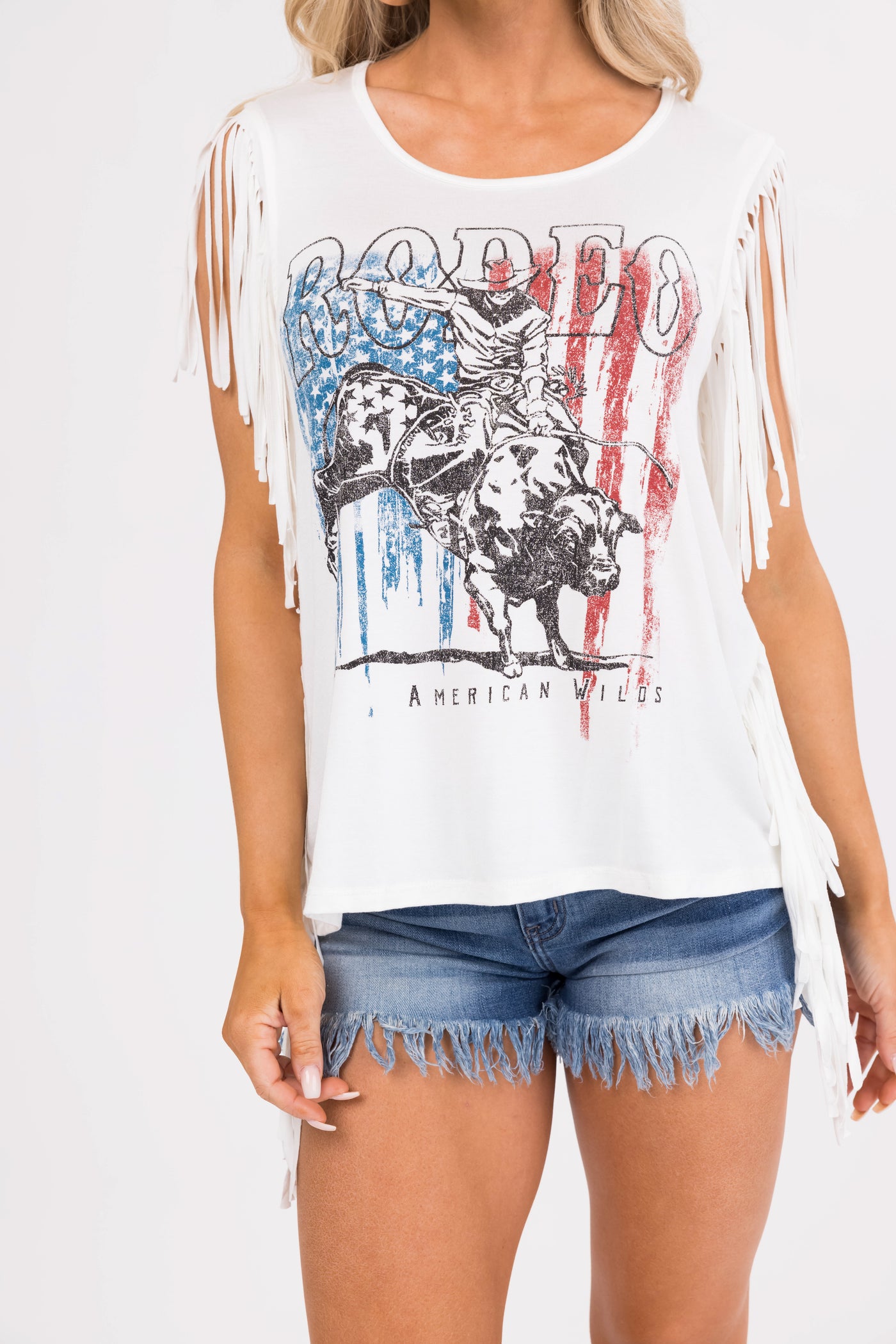 Ivory American Flag Rodeo Graphic Fringe Tank Top