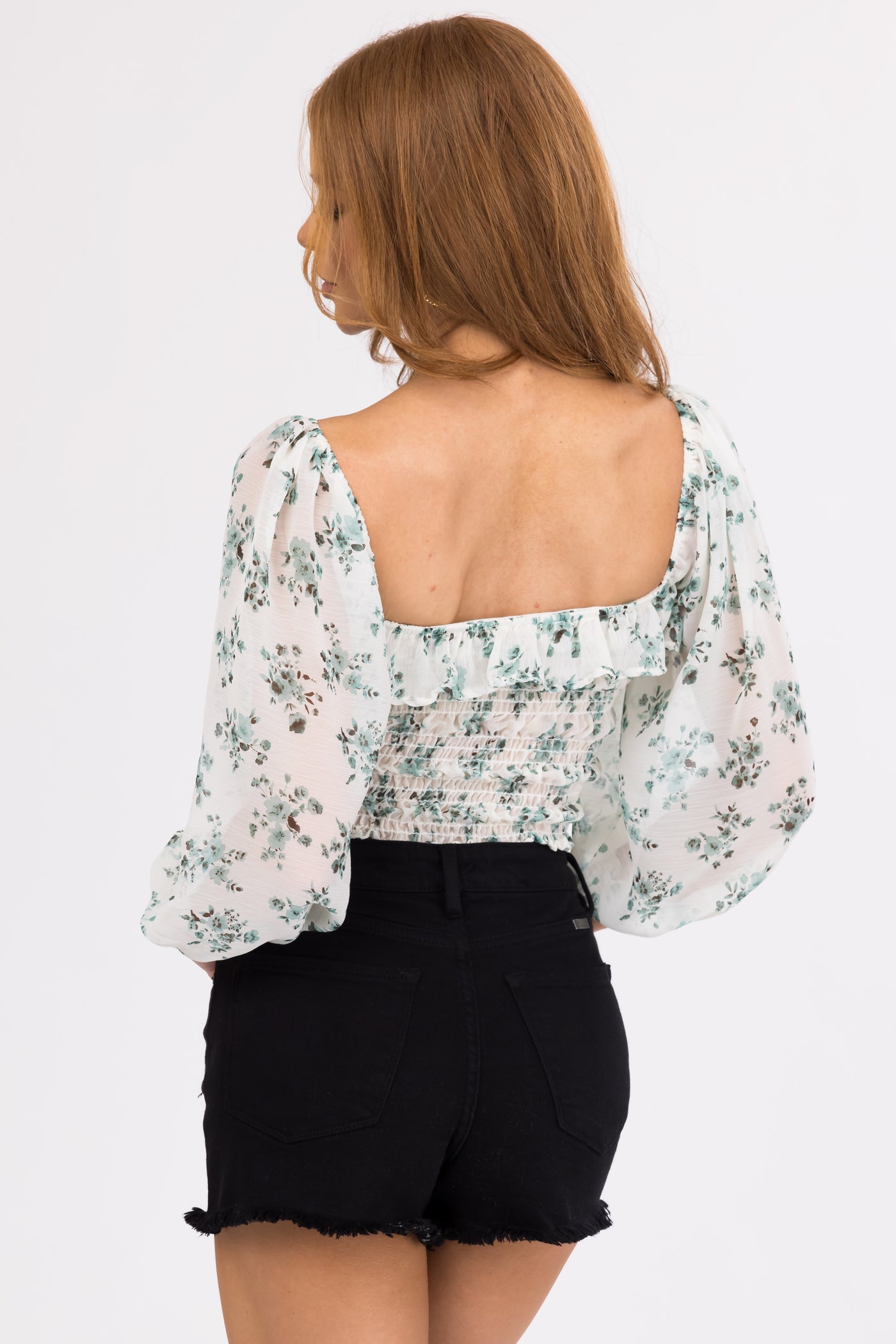 Ivory Floral Print Square Neck Top