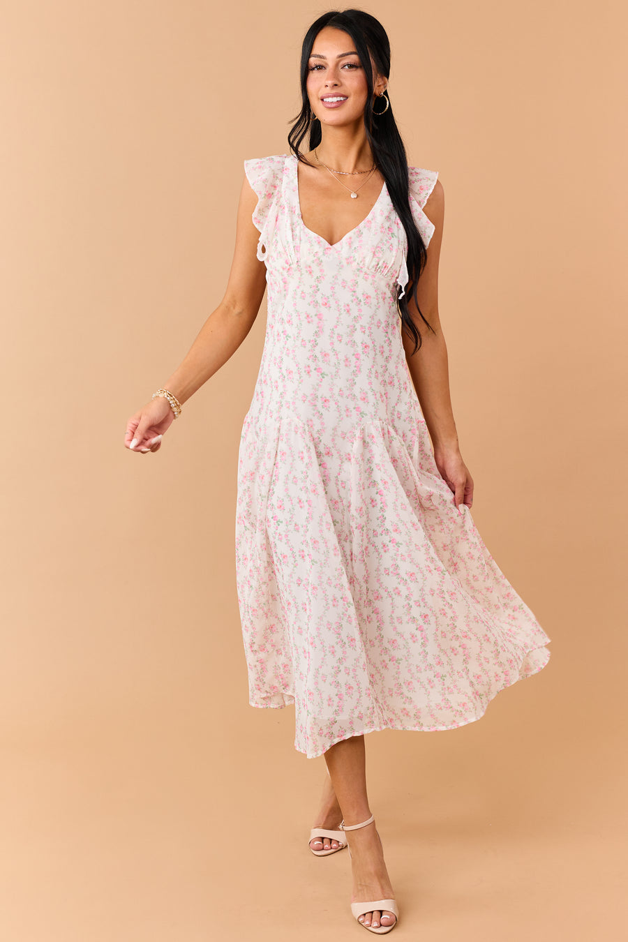 Ivory Floral Print V Neck Flutter Sleeve Midi Dress | Lime Lush Boutique Ivory Floral Print V Neck Flutter Sleeve Midi Dress | Lime Lush Boutique