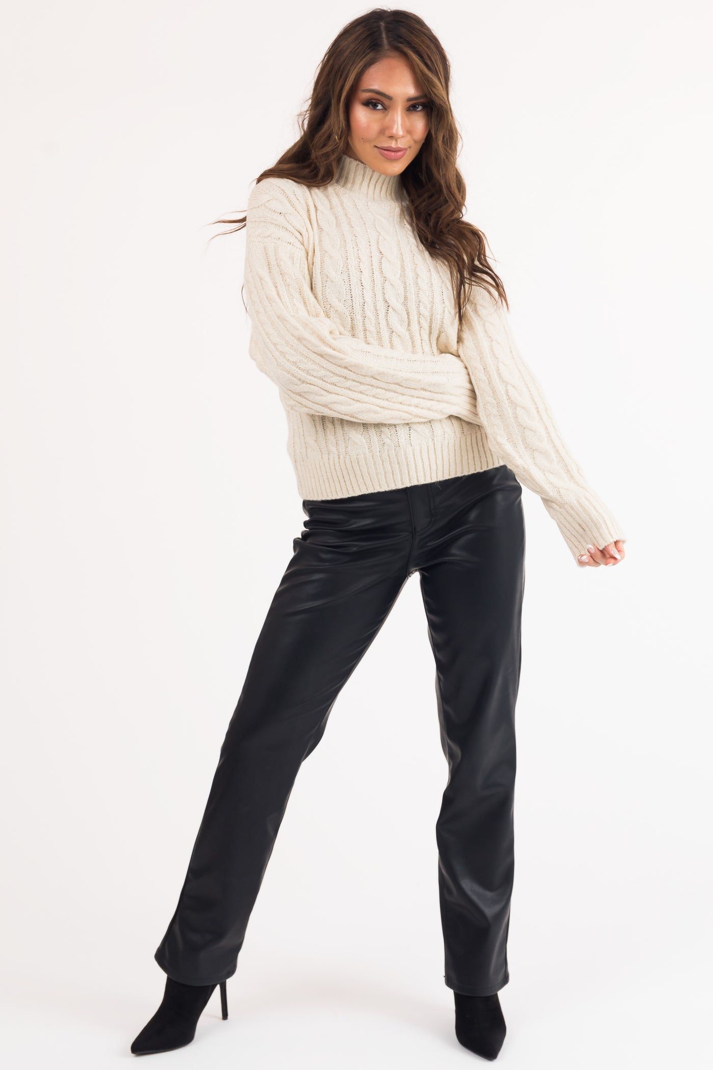 Ivory High Neck Cable Knit Sweater
