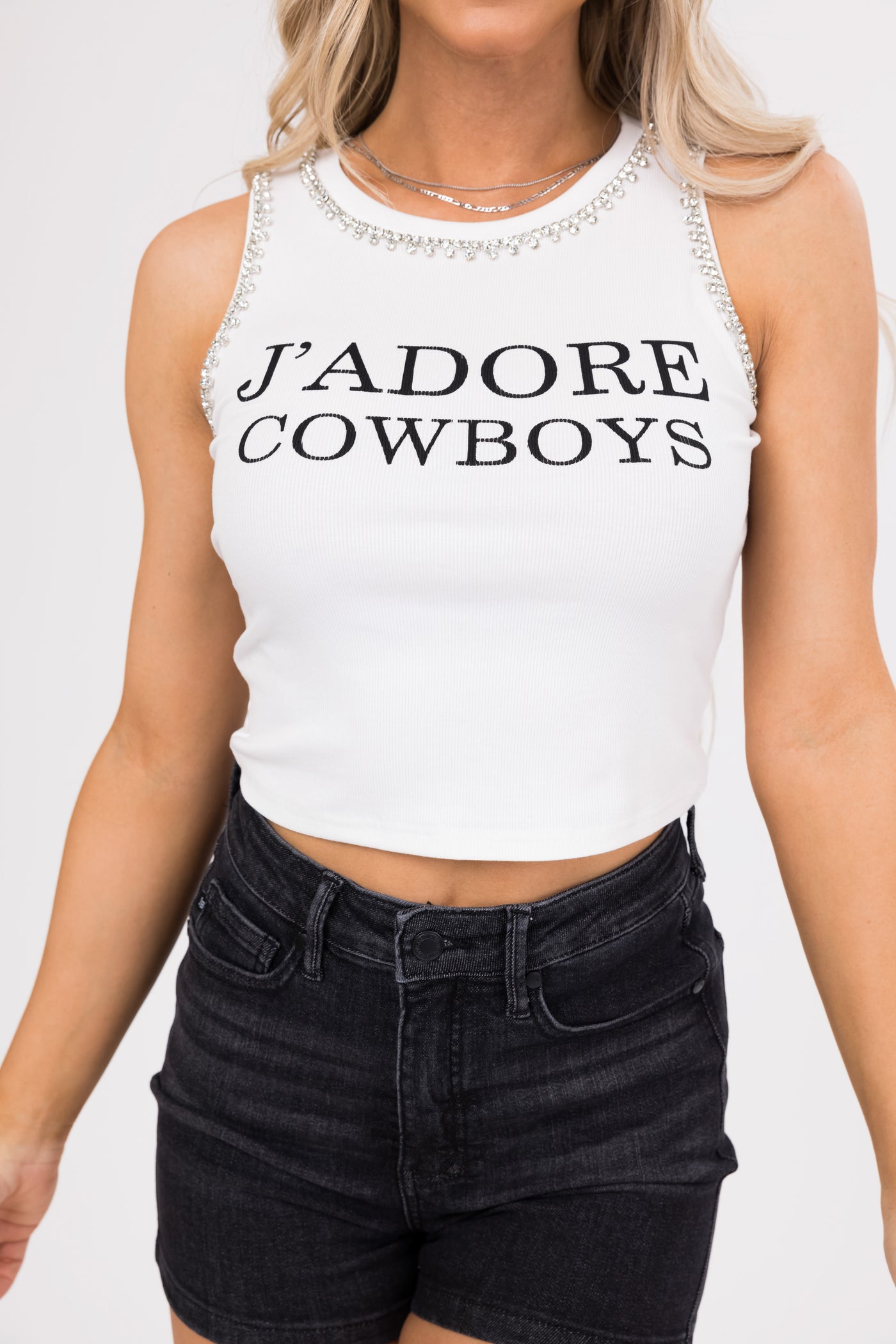 Ivory 'J'adore Cowboys' Rhinestone Trim Top