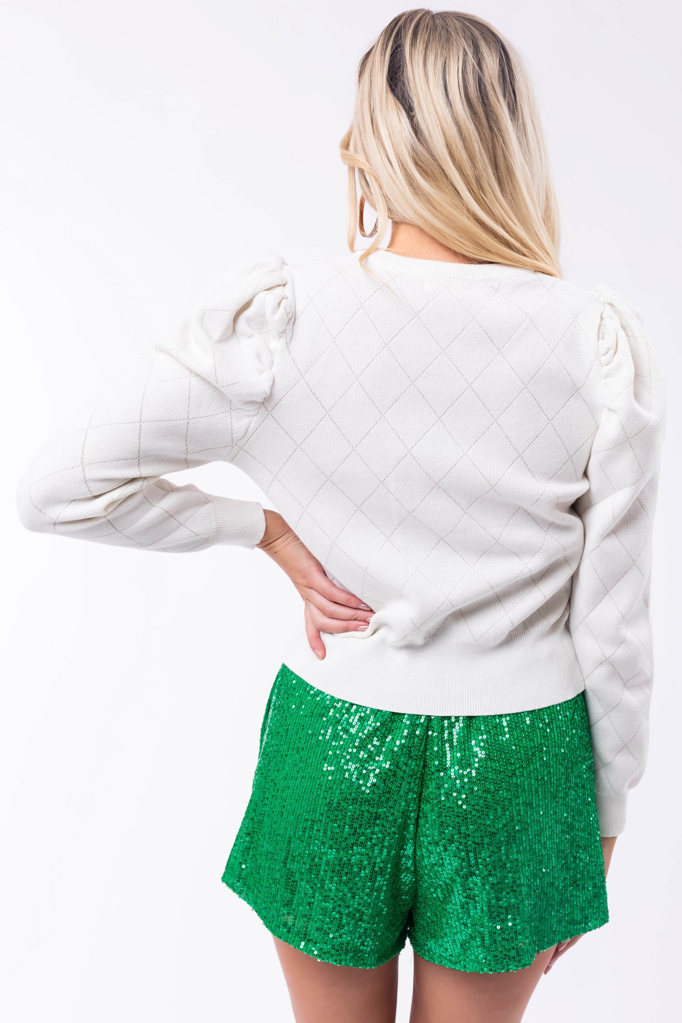 Ivory Puff Shoulder Quilted Sweater