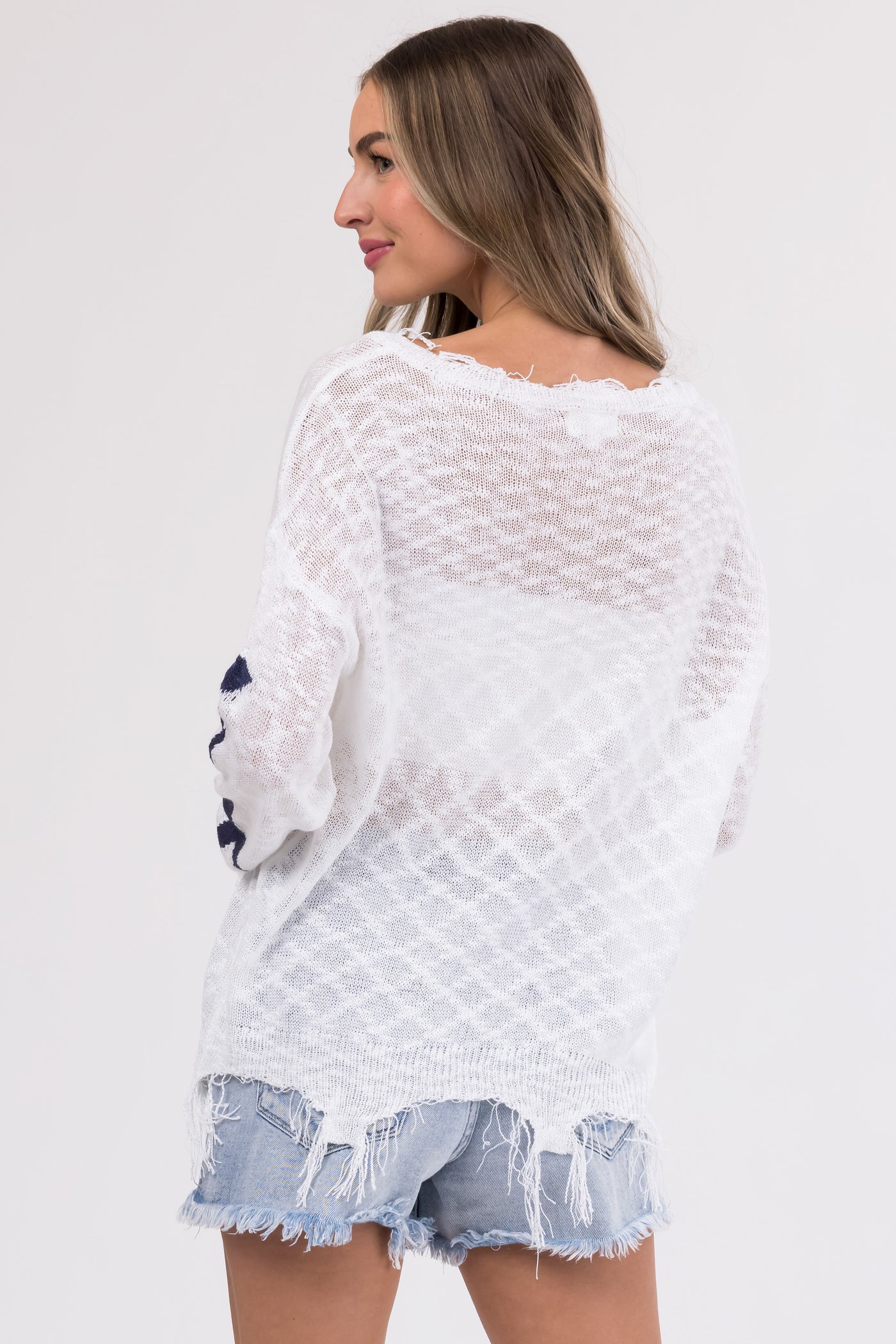 Ivory Star Print Distressed Lightweight Sweater