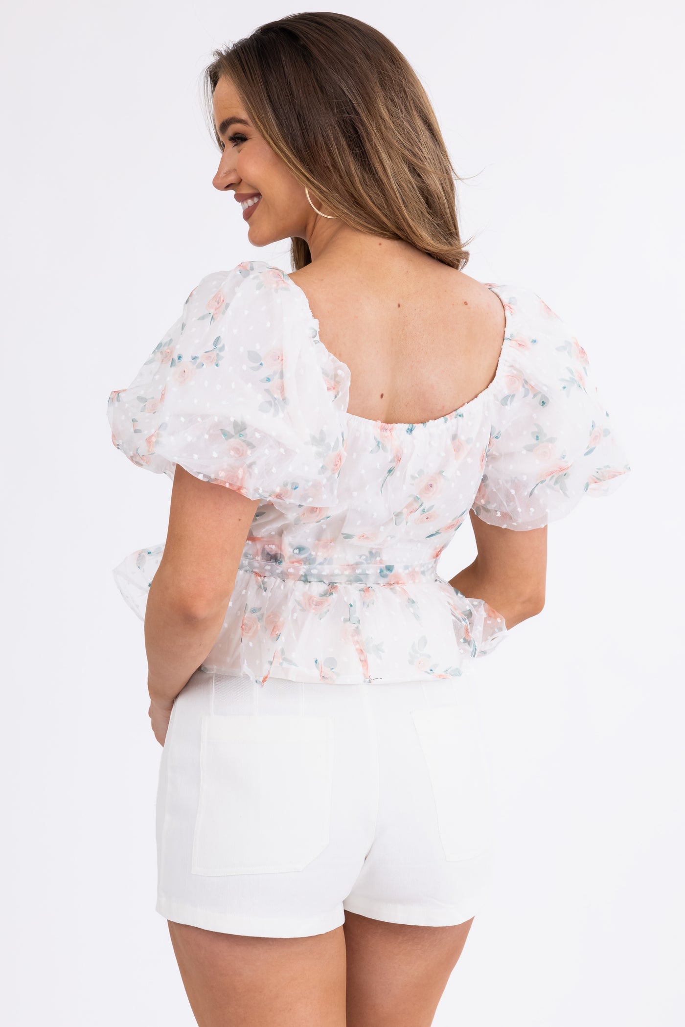 Ivory Tulle Floral Print Puff Sleeve Top