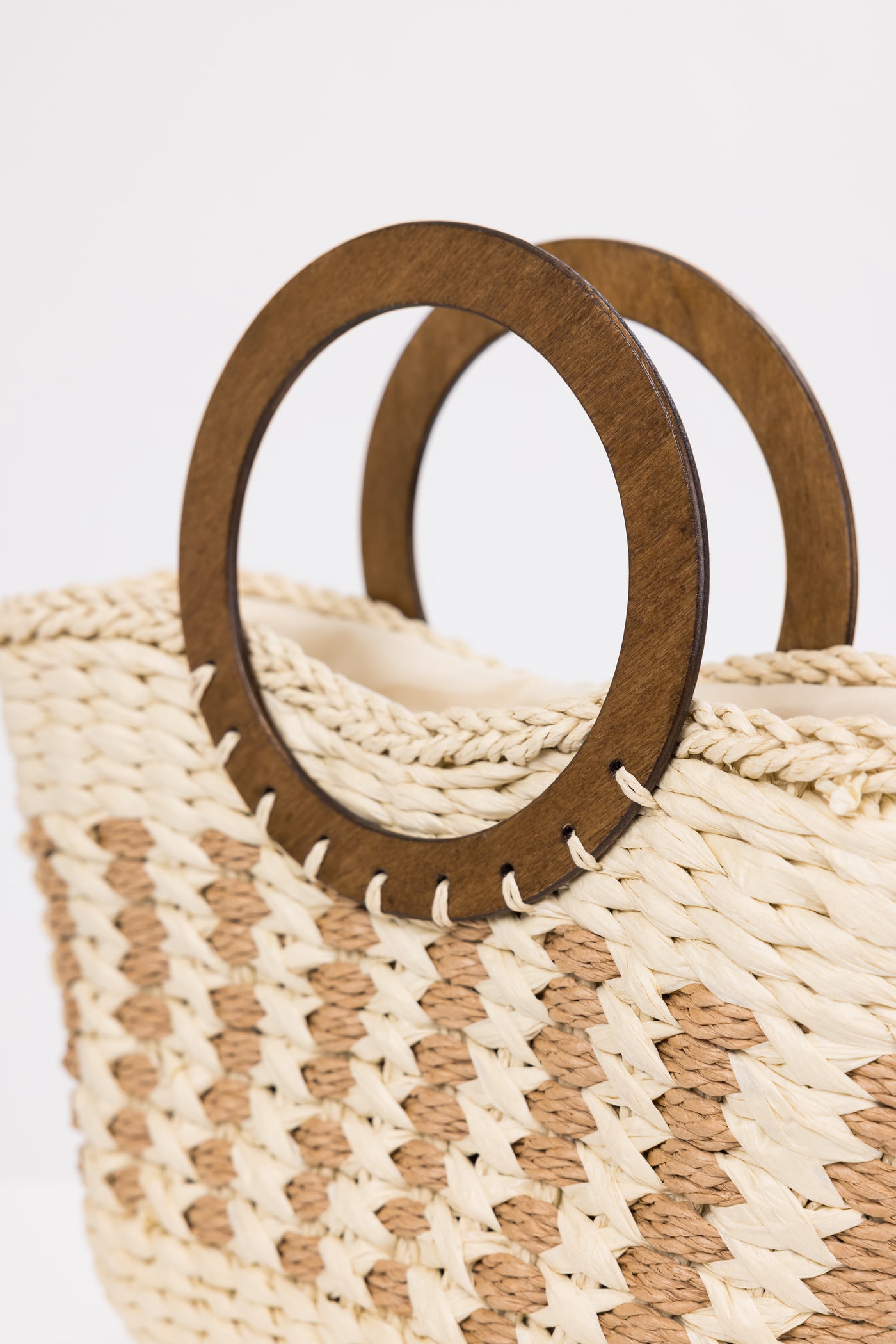 Ivory Braided Tote Bag with Wood Handles