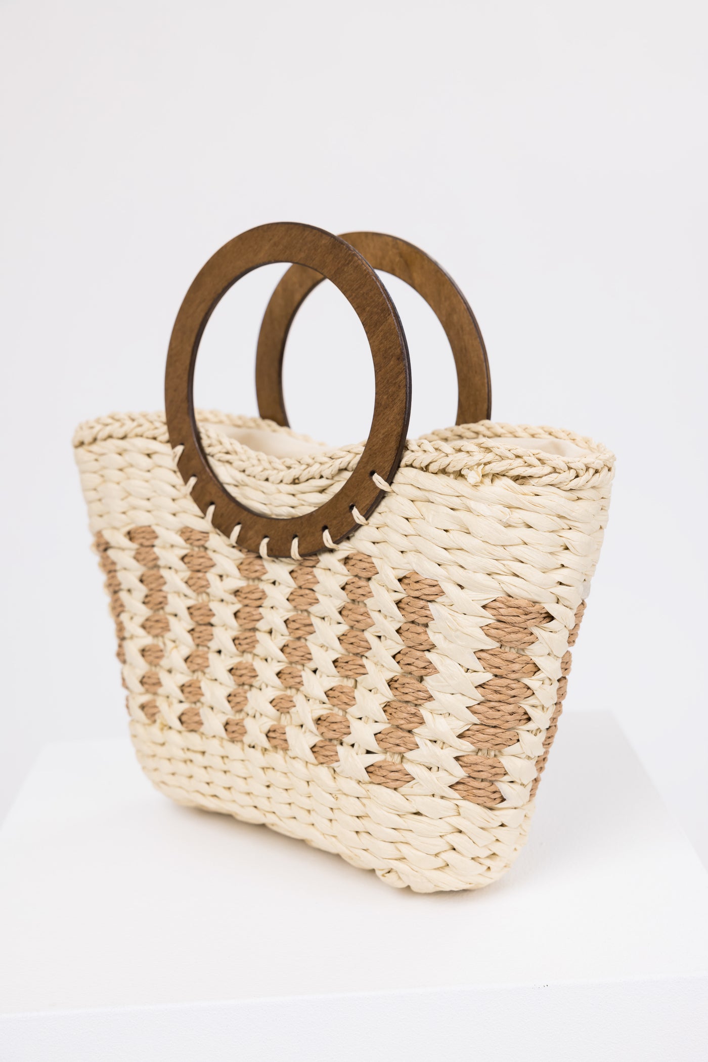 Ivory Braided Tote Bag with Wood Handles
