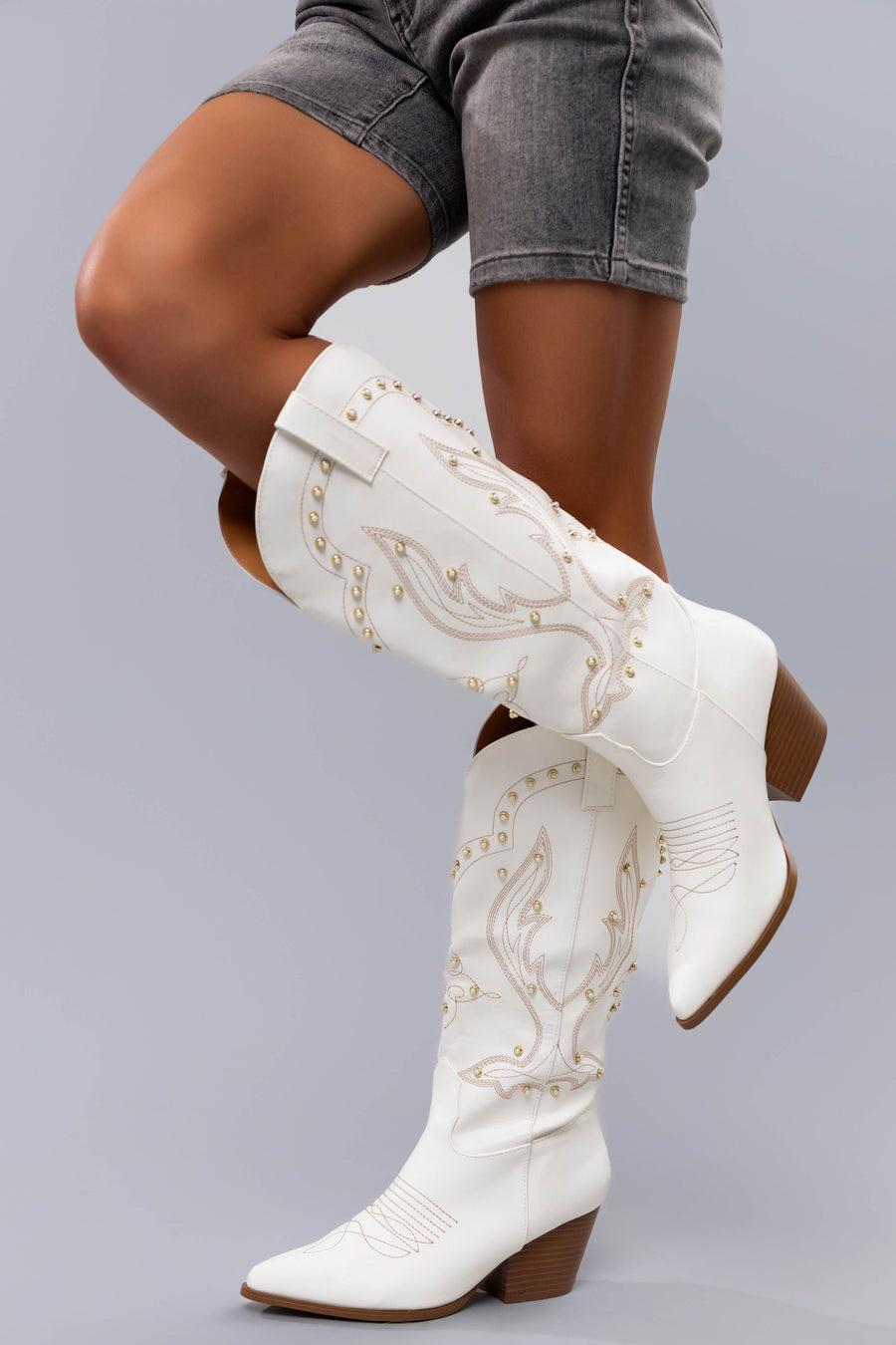  Ivory Embroidered Pearl Detail Heeled Boots