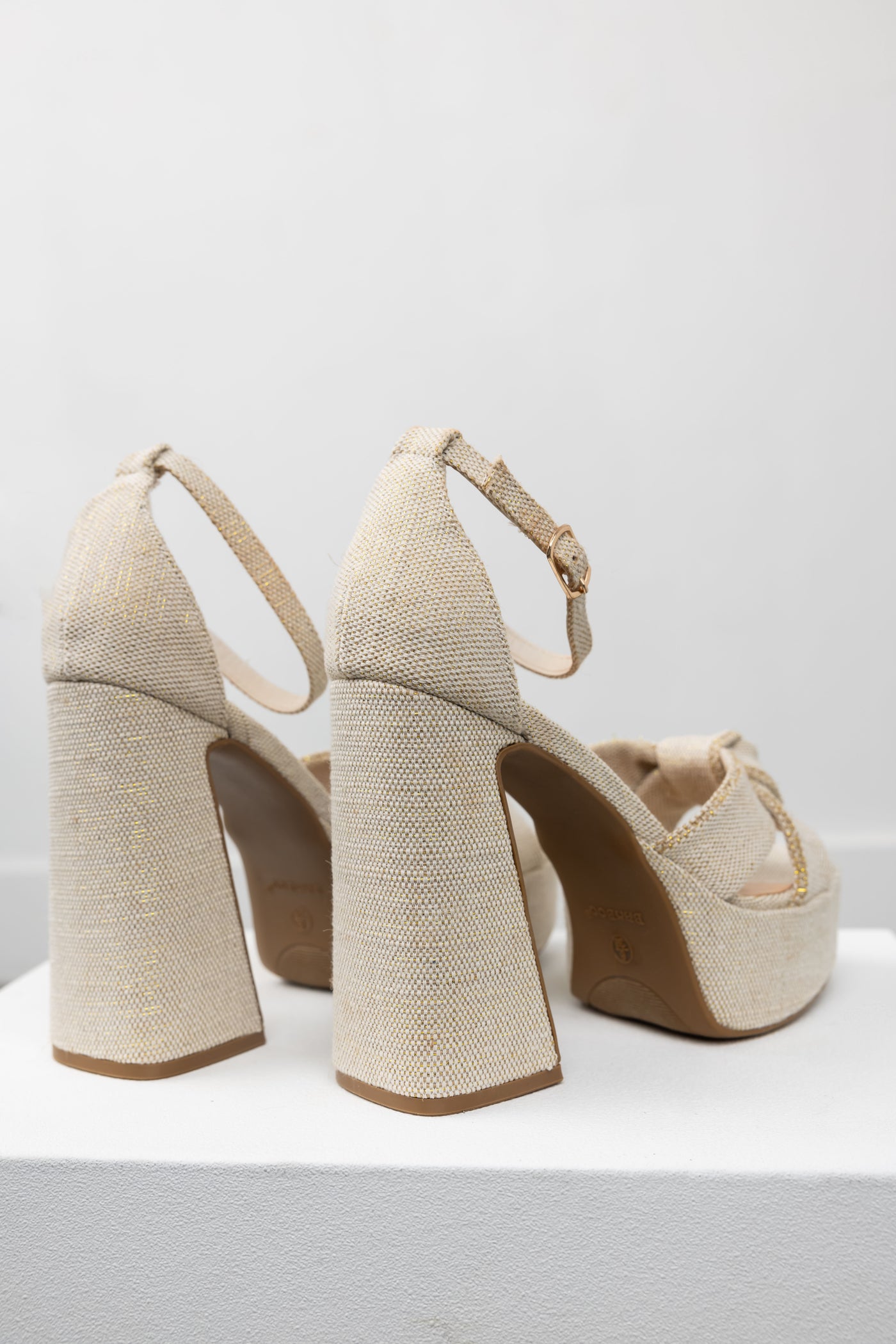 Ivory and Gold Thread Knotted Strap Heels