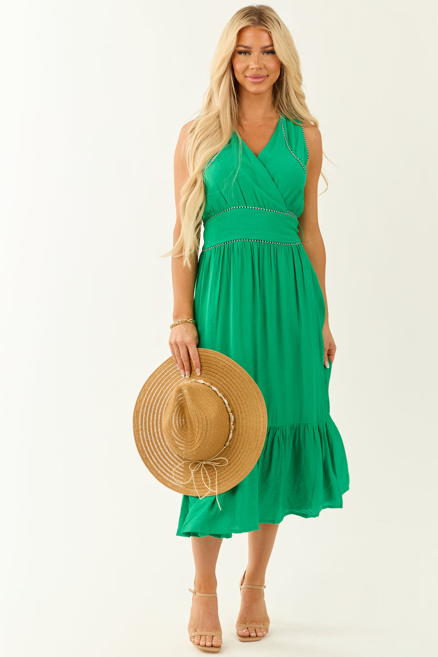 Jade V Neck Sleeveless Tiered Midi Wrap Dress Jade V Neck Sleeveless Tiered Midi Wrap Dress