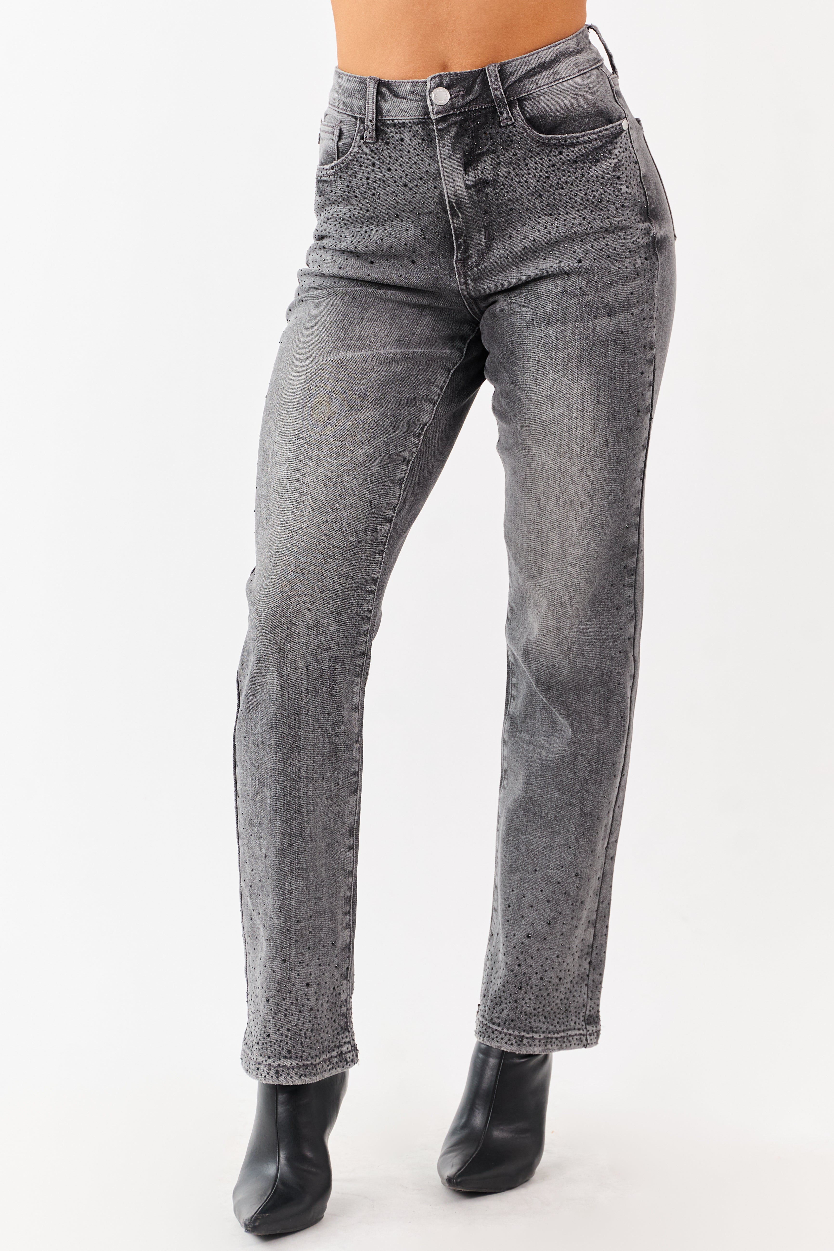Judy Blue Stone Rhinestone Detail Straight Jeans | Lime Lush Boutique