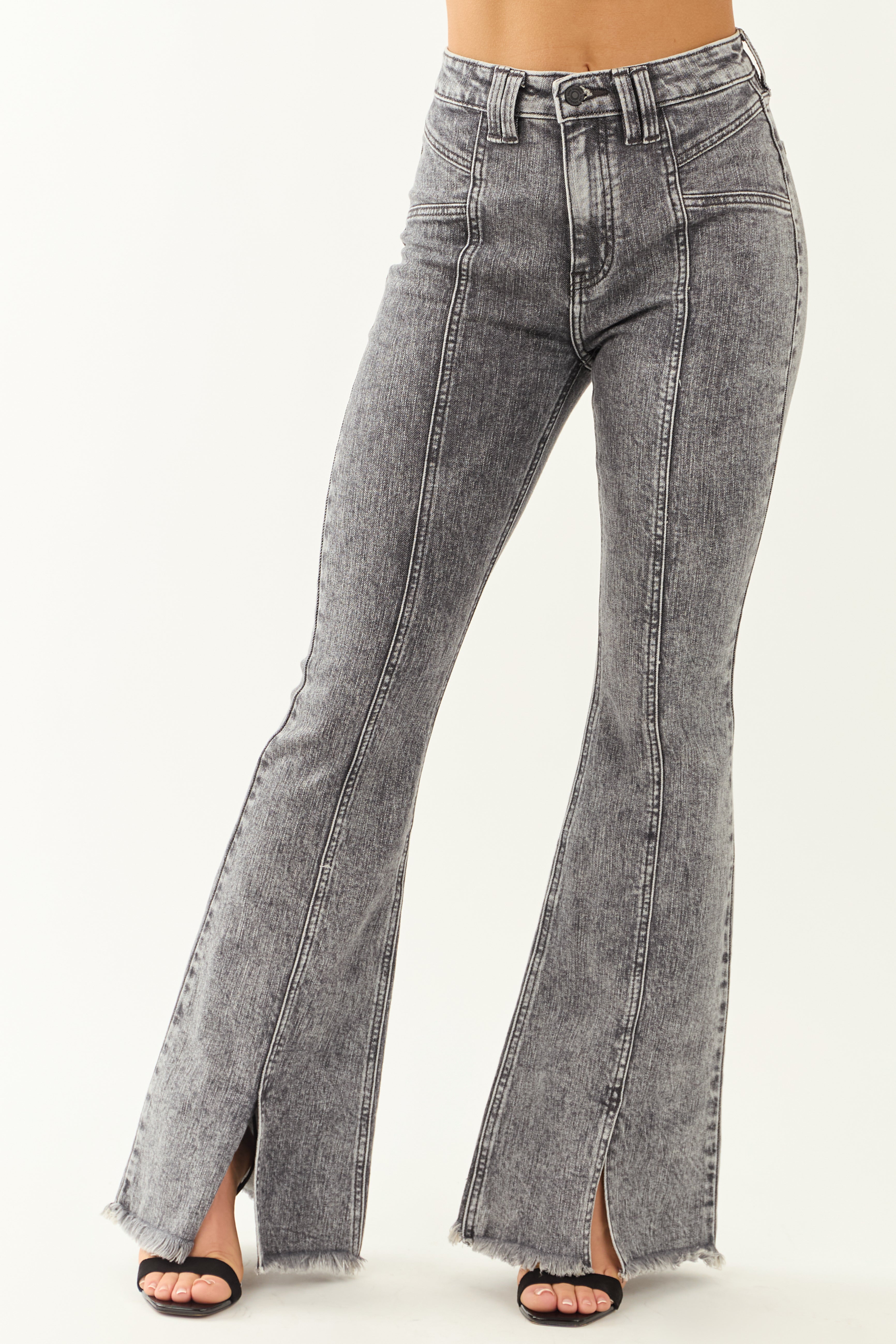 KanCan Graphite Wash Stretchy Front Seam Flare Jeans | Lime Lush