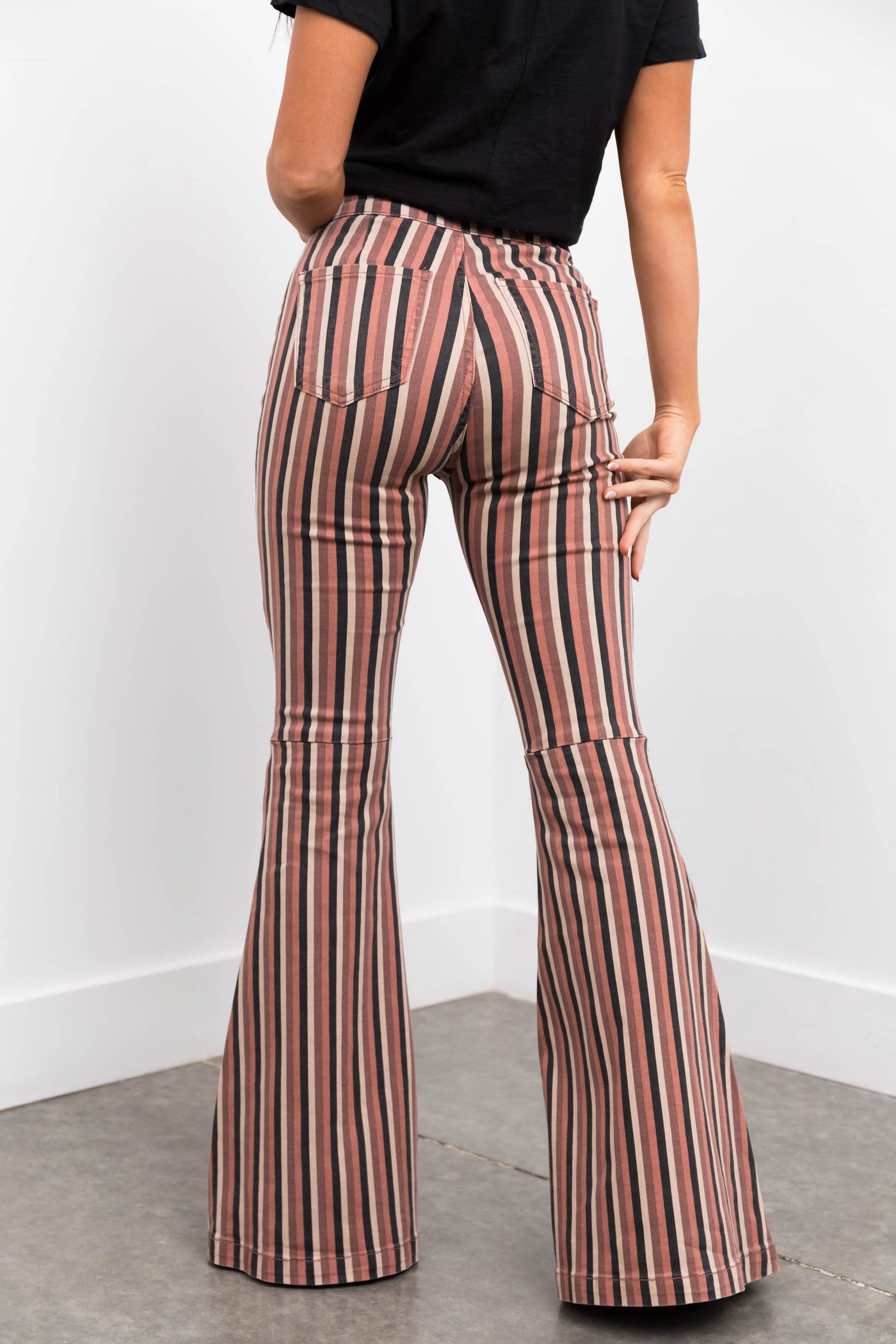 KanCan Rose Taupe Striped Super Flare Jeans