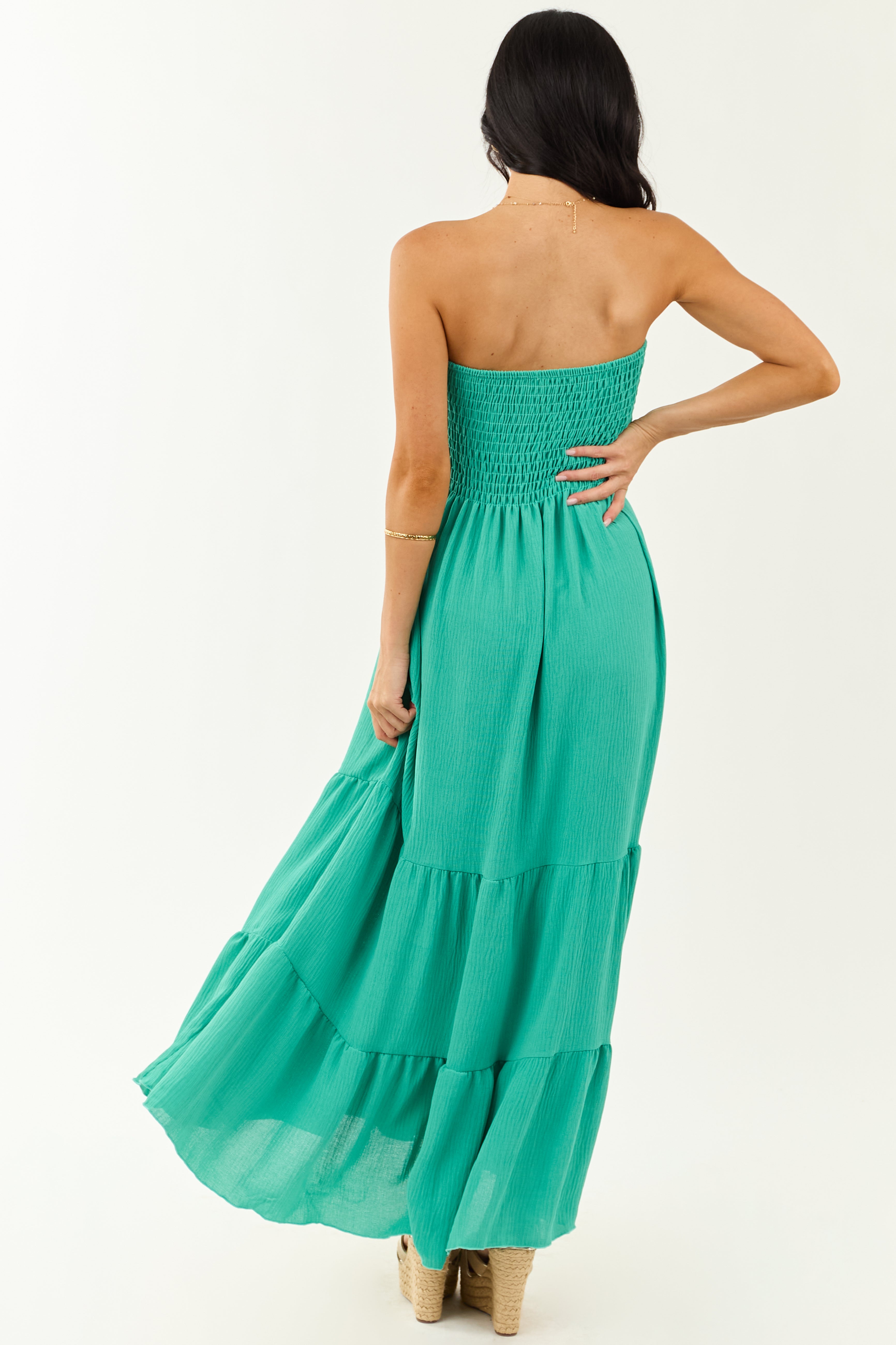 Kelly Green Smocked Tiered Strapless Maxi Dress