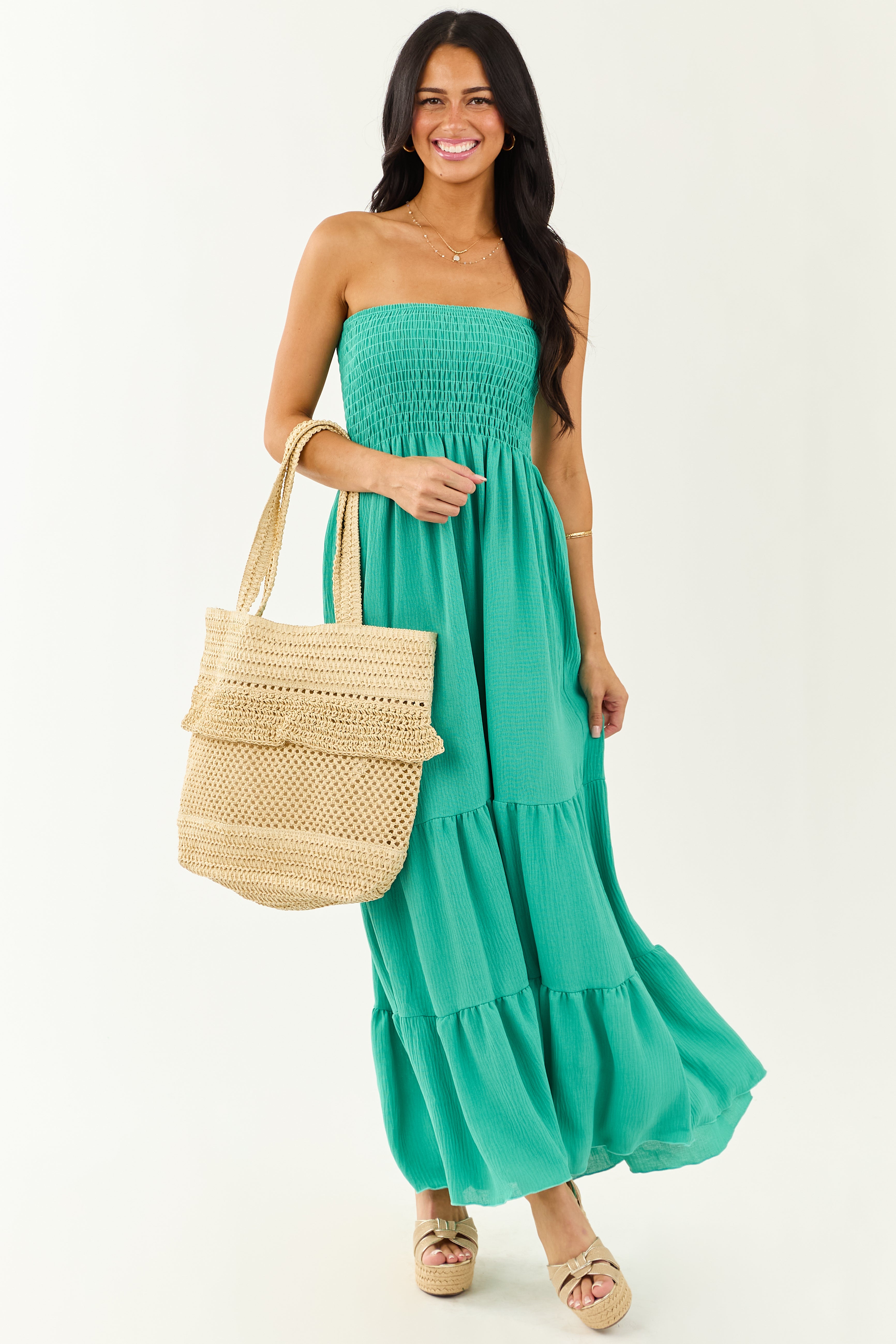 Kelly Green Smocked Tiered Strapless Maxi Dress