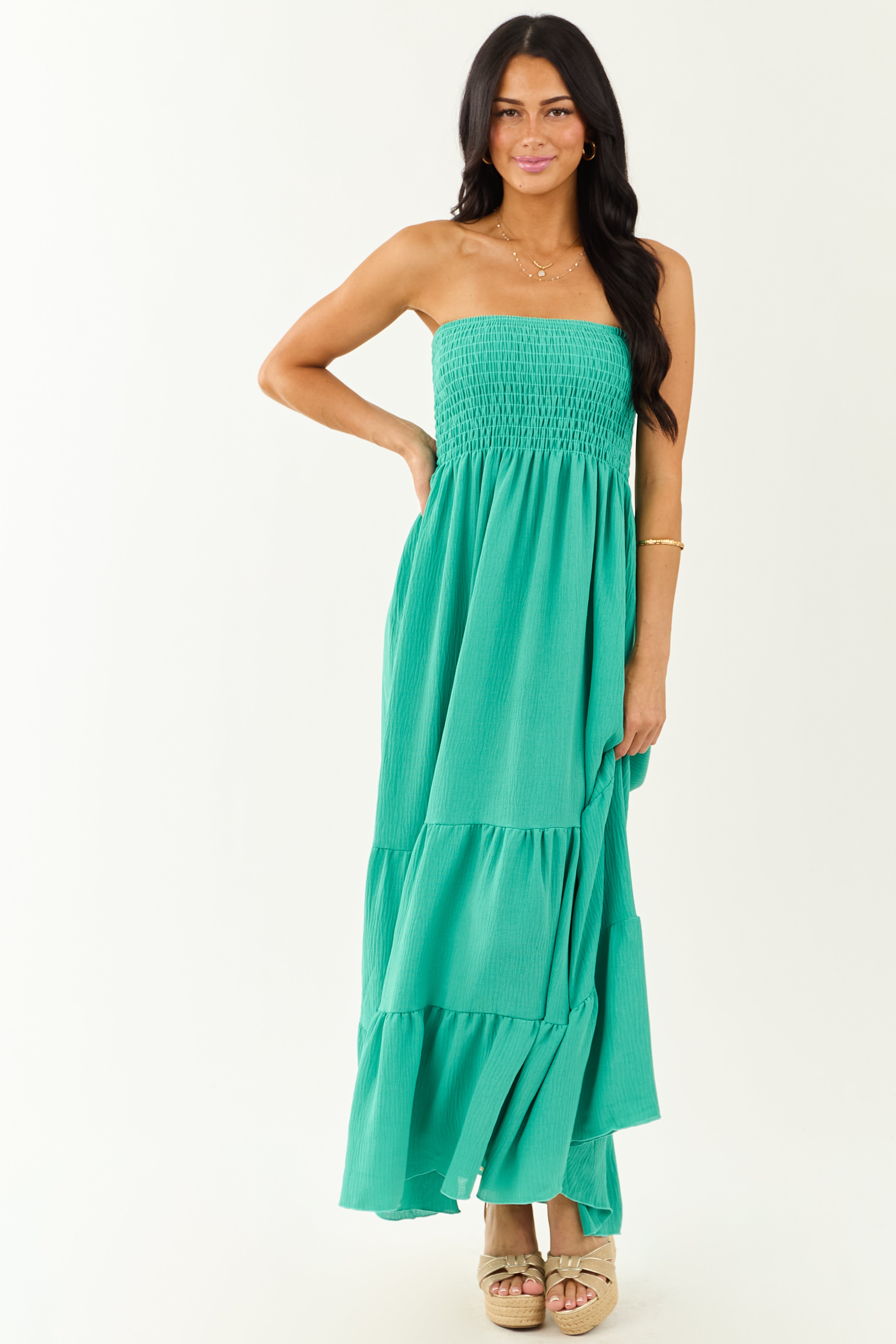 Kelly Green Smocked Tiered Strapless Maxi Dress