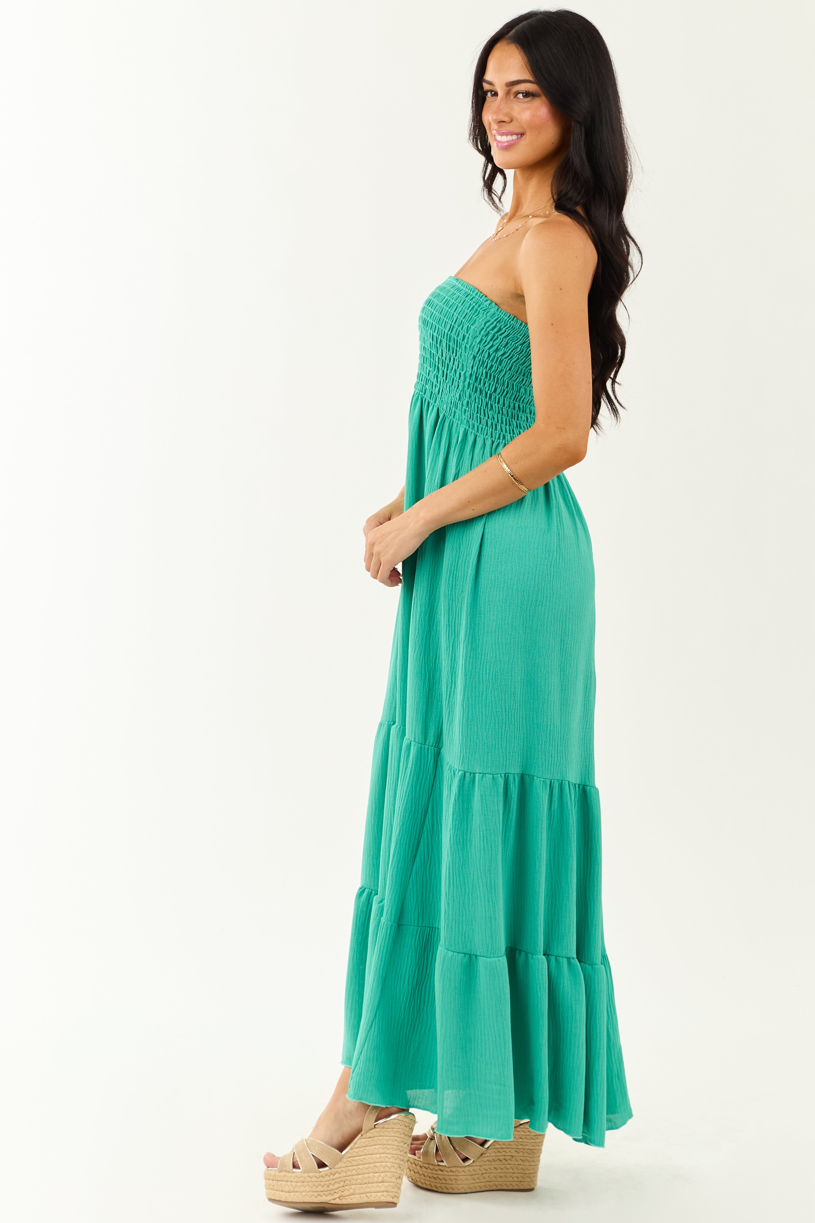 Kelly Green Smocked Tiered Strapless Maxi Dress