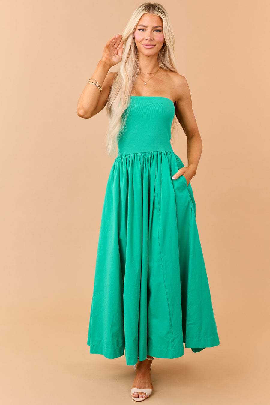 Kelly Green Strapless Knit Contrast Cotton Maxi Dress Kelly Green Strapless Knit Contrast Cotton Maxi Dress