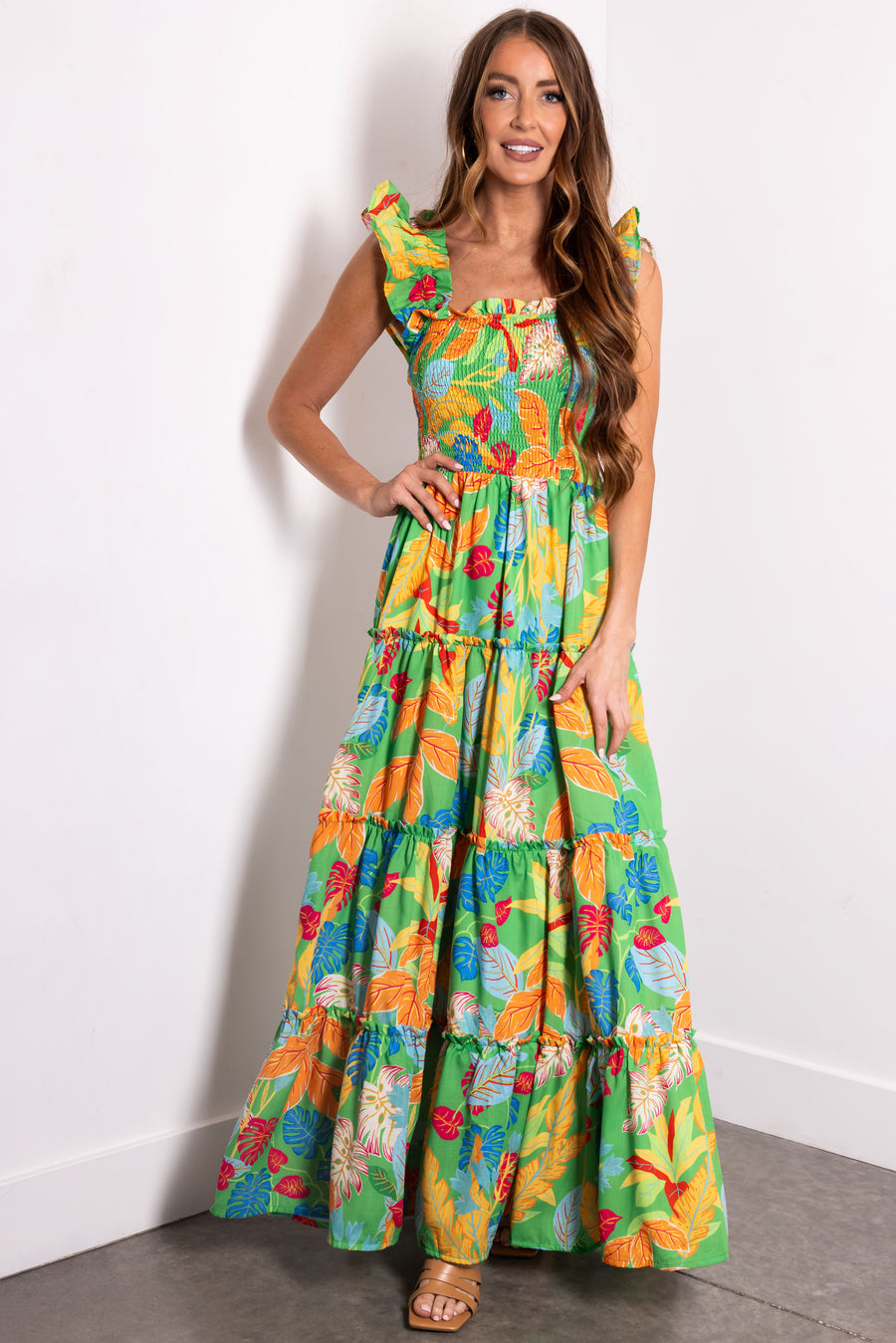 Kelly Green Tropical Print Maxi Dress