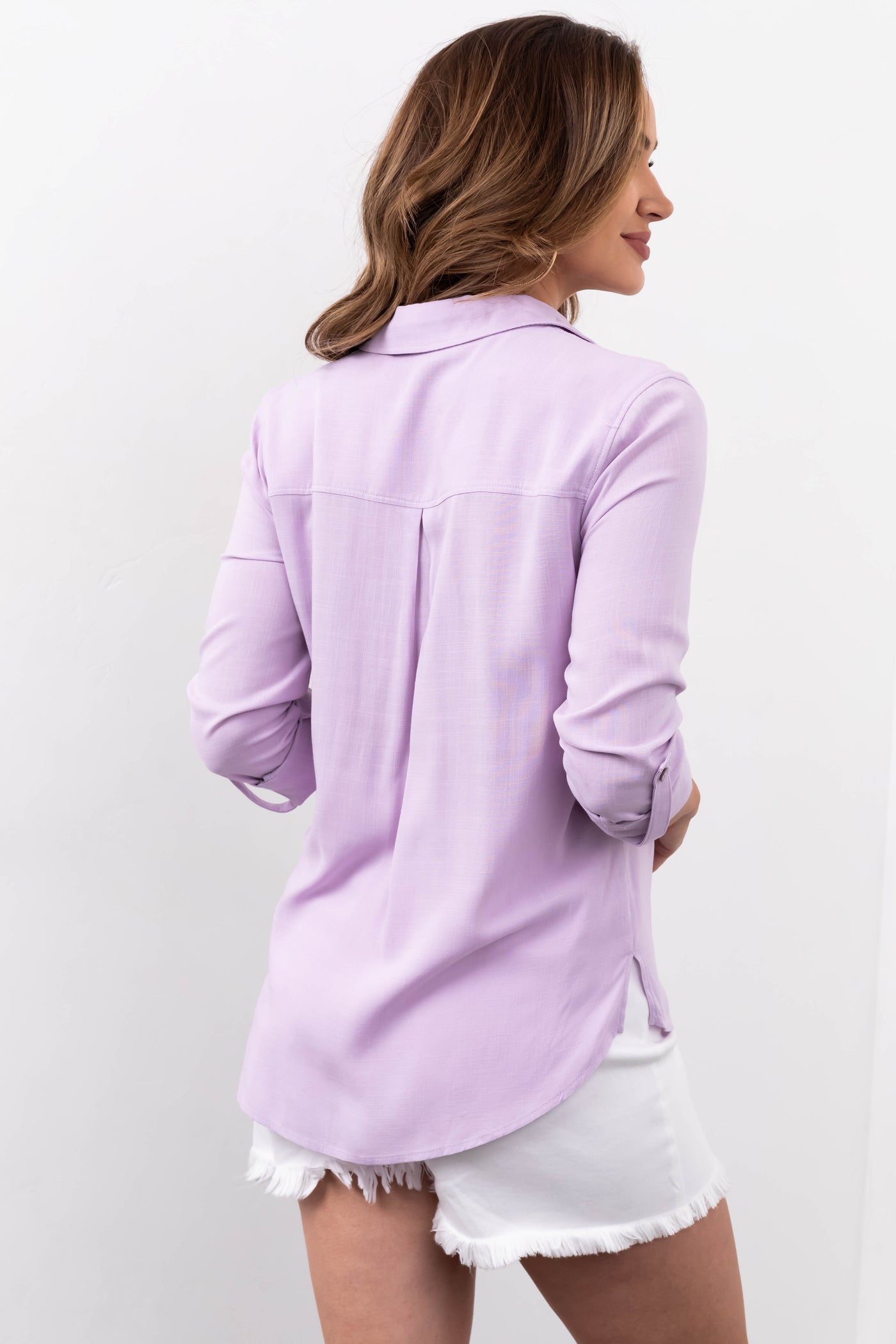 Lavender Faux Linen Rolled Cuff Collared Shirt