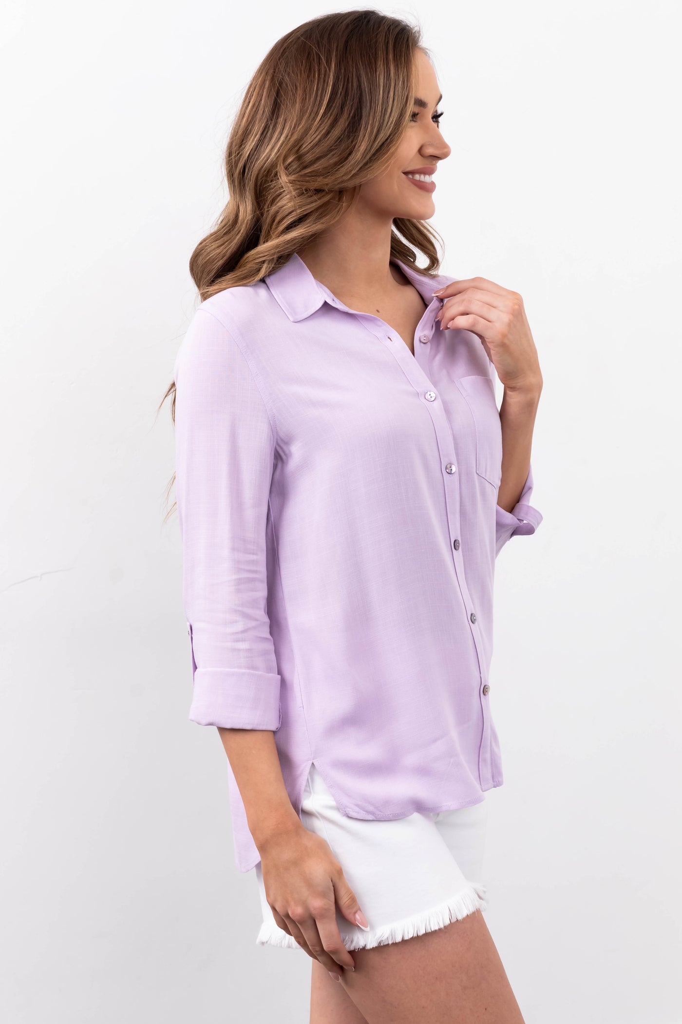 Lavender Faux Linen Rolled Cuff Collared Shirt