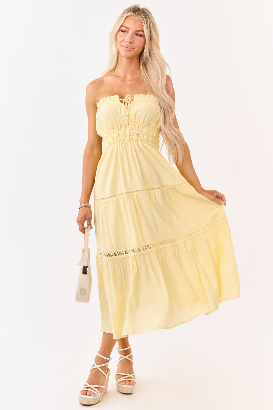 Lemon Strapless Tiered Lace Shirred Waist Midi Dress | Lime Lush Boutique Lemon Strapless Tiered Lace Shirred Waist Midi Dress | Lime Lush Boutique