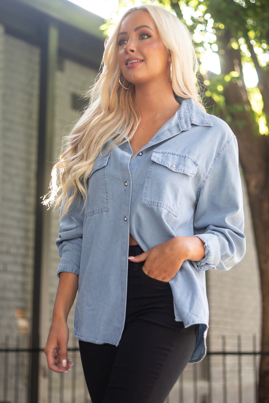 Light Chambray Button Down Long Sleeve Top