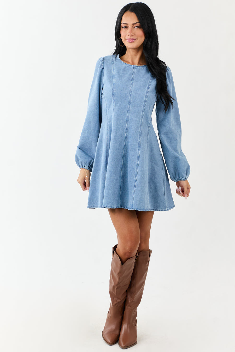 Light Mineral Wash Denim Long Sleeve Mini Dress Light Mineral Wash Denim Long Sleeve Mini Dress