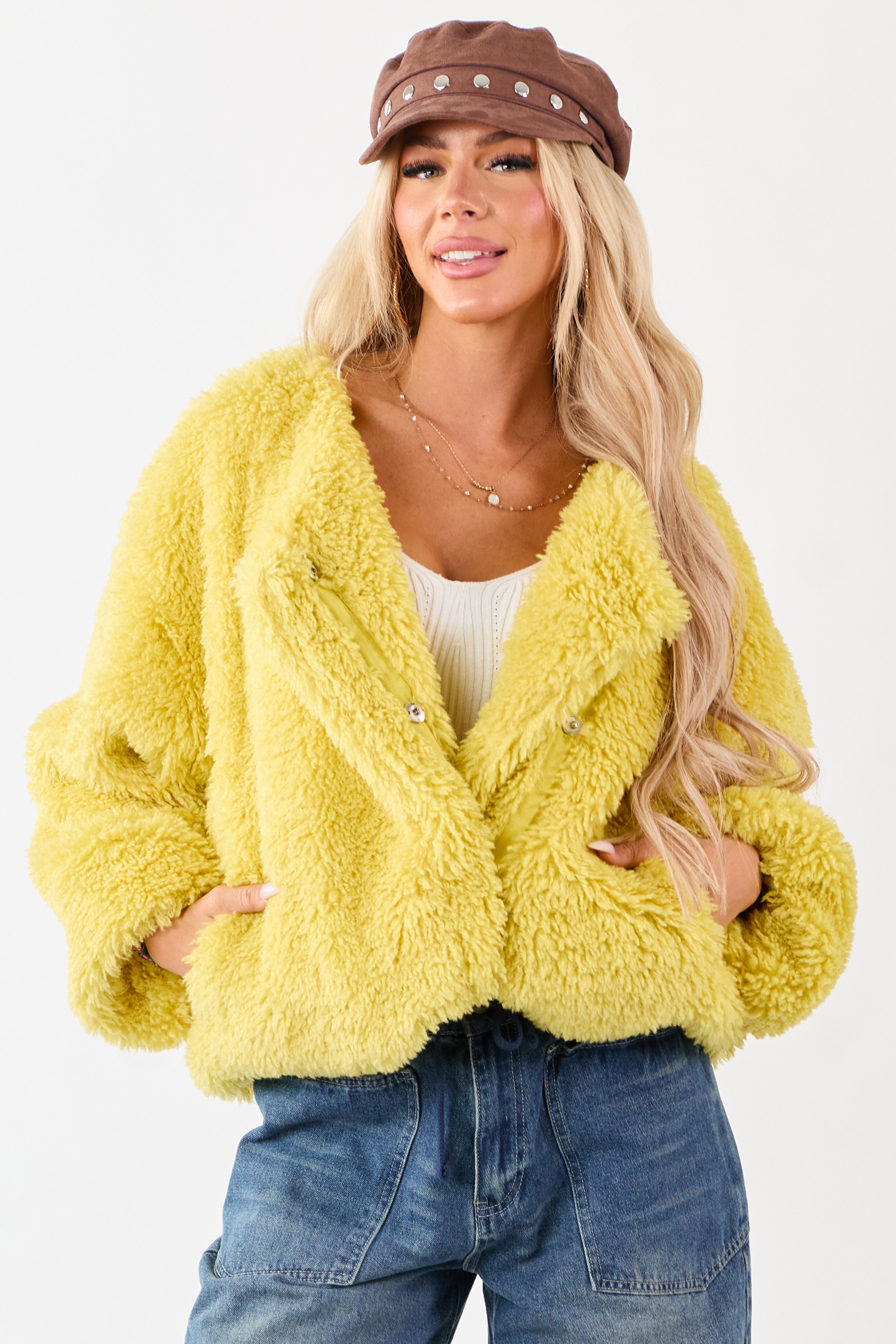 Light Mustard Soft Sherpa Snap Button Up Relaxed Jacket | Lime