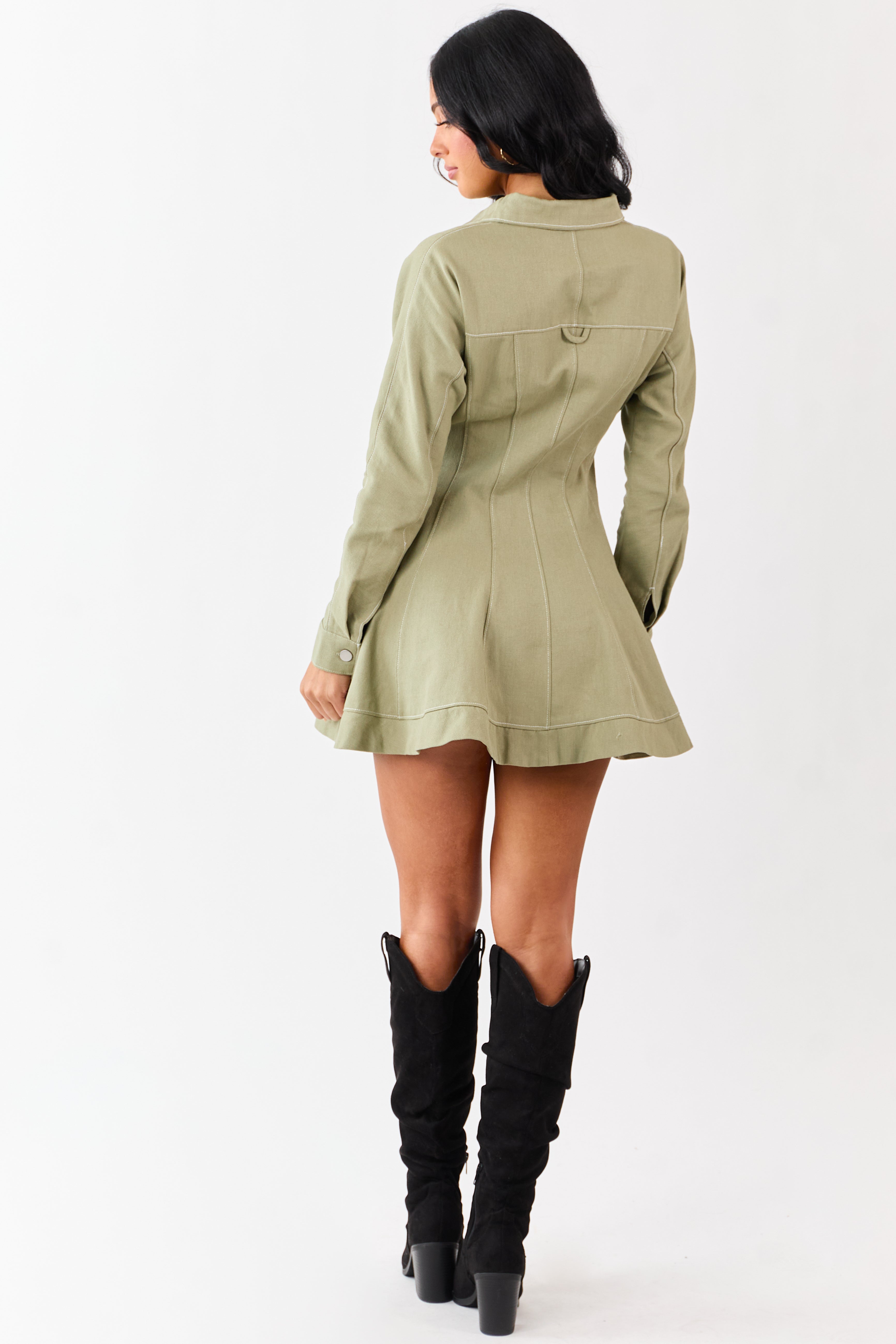 Light Olive Denim Button Down A-Line Mini Dress