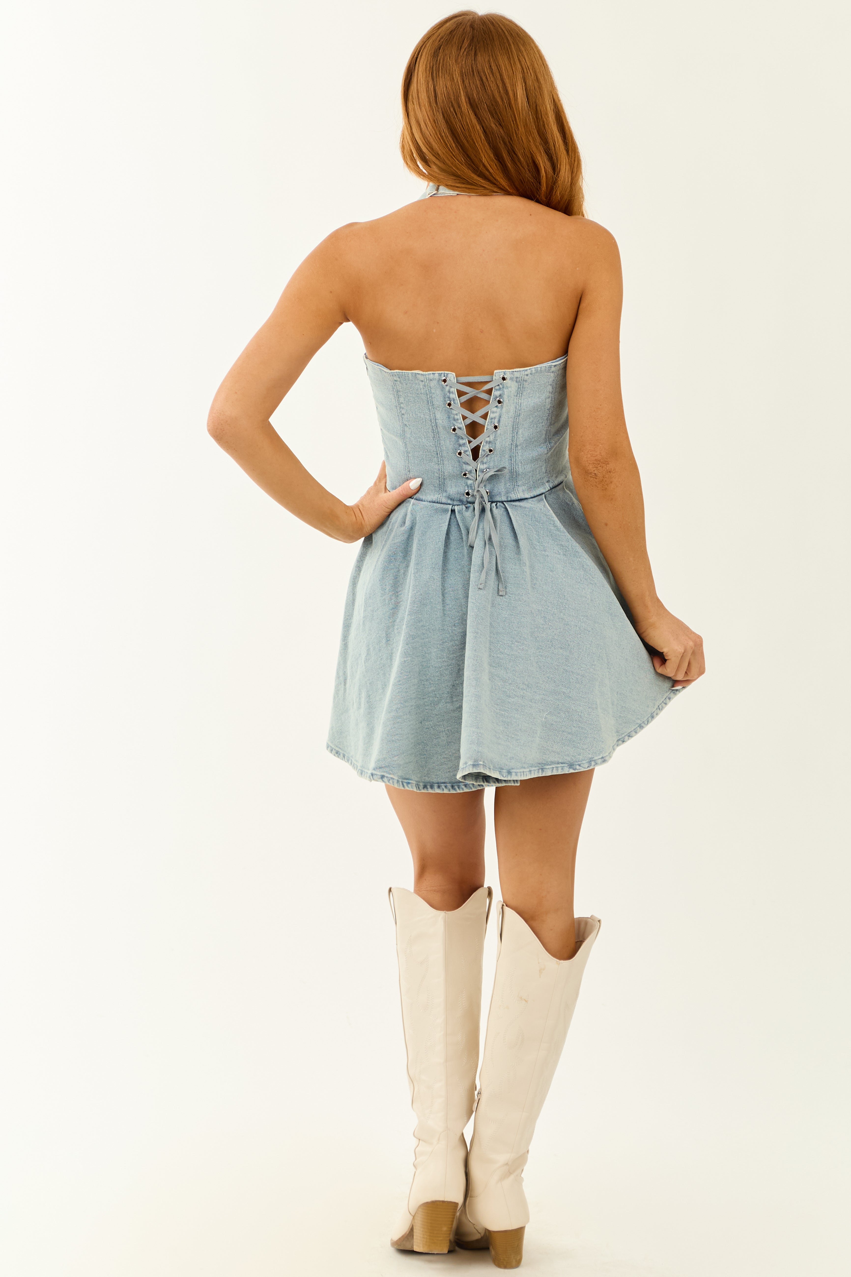 Light Wash Adjustable Halter Neck Denim Mini Dress