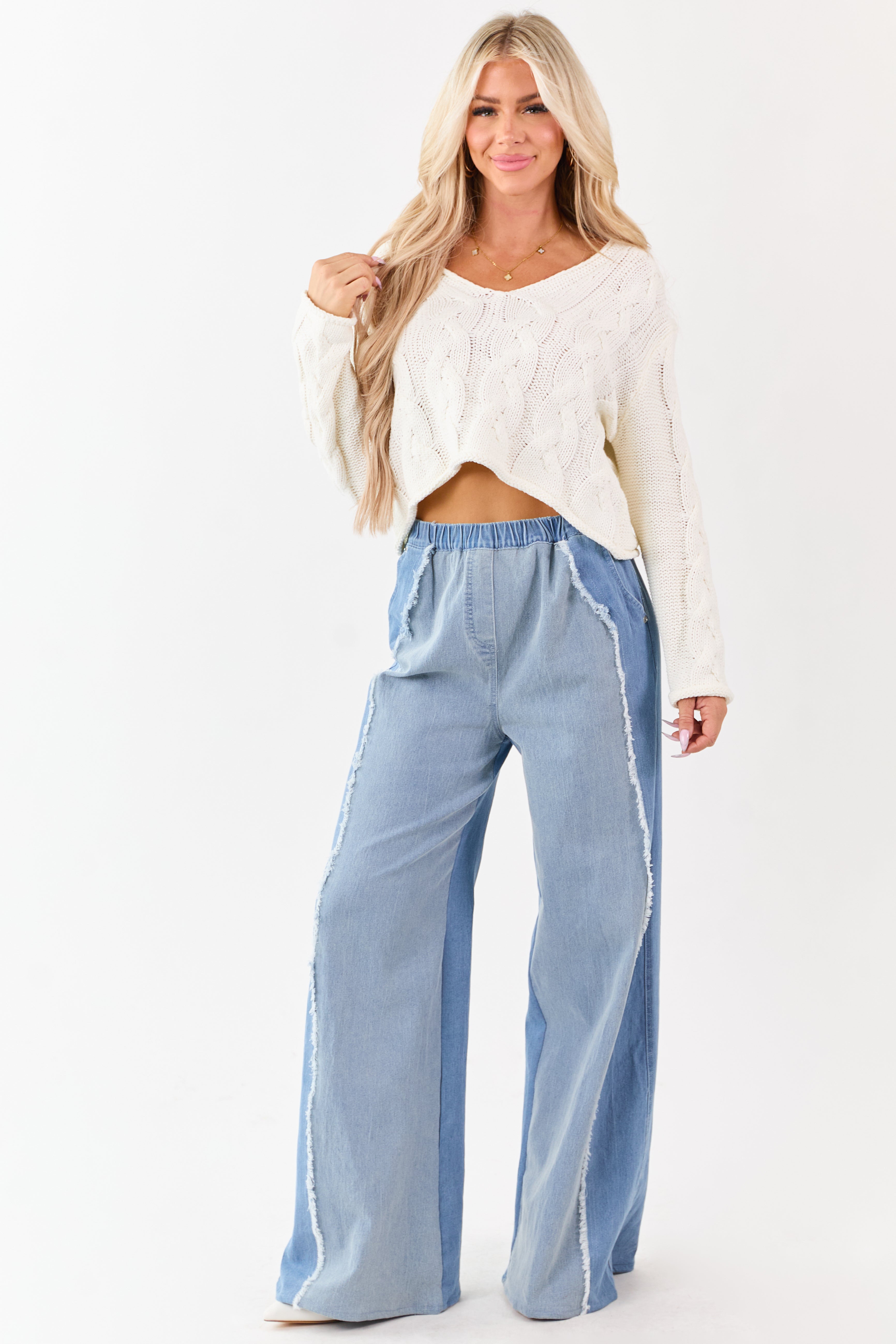 Light Wash Colorblock Elastic Waist Wide Denim Pants | Lime Lush
