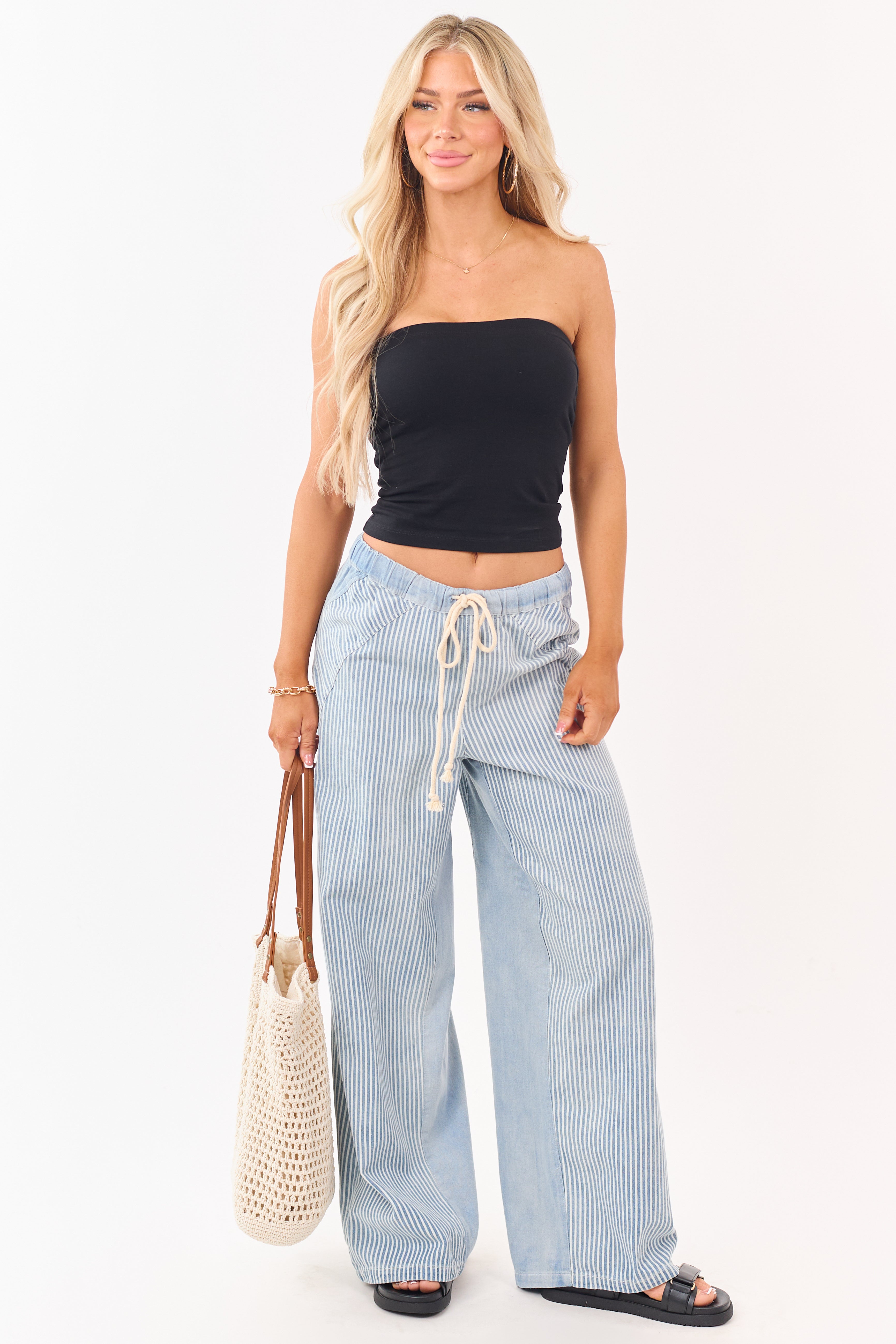 Light Wash Railroad Stripe Wide Leg Denim Pants | Lime Lush Boutique