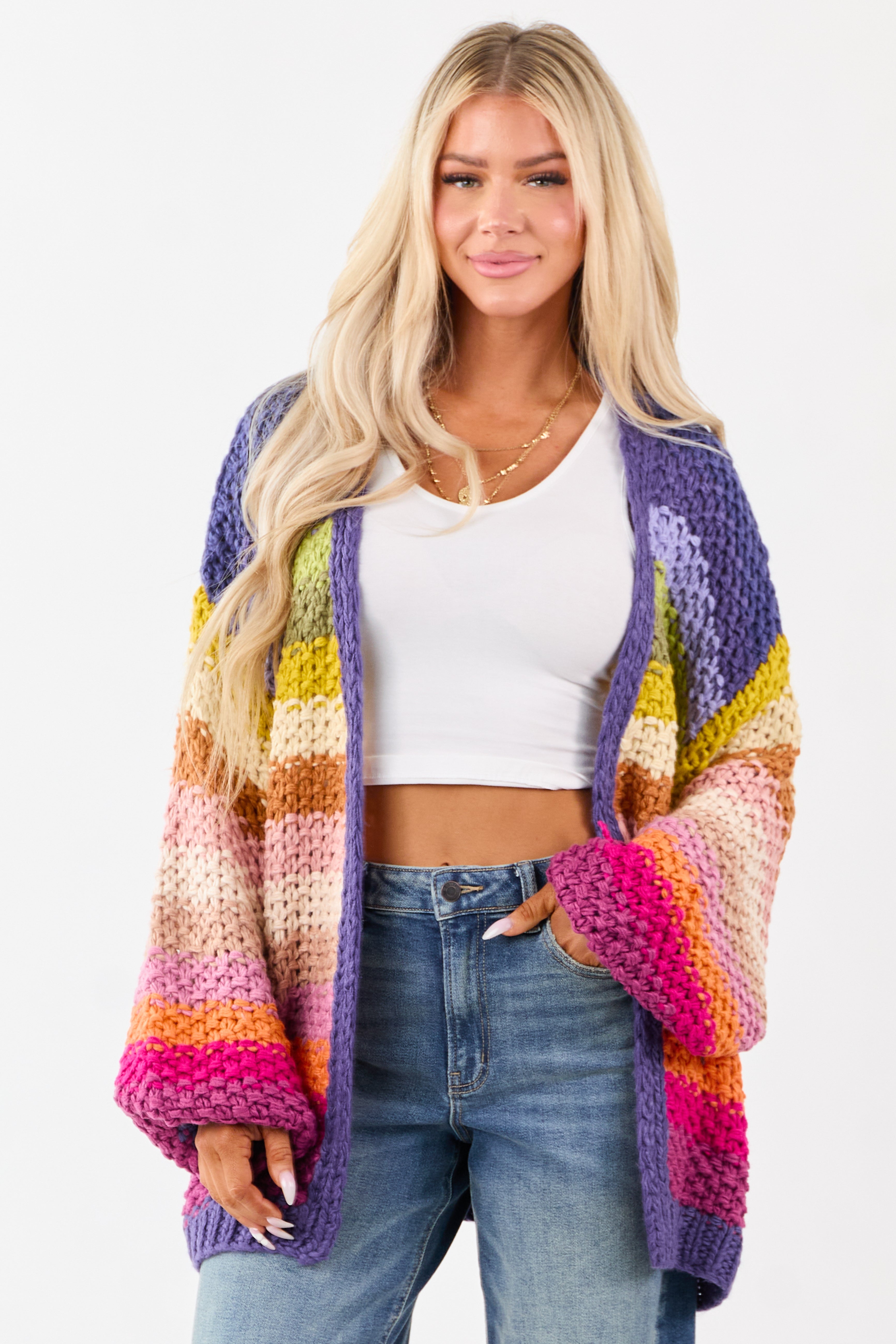 Listicle Indigo Multicolor Stripe Crochet Cardigan | Lime Lush