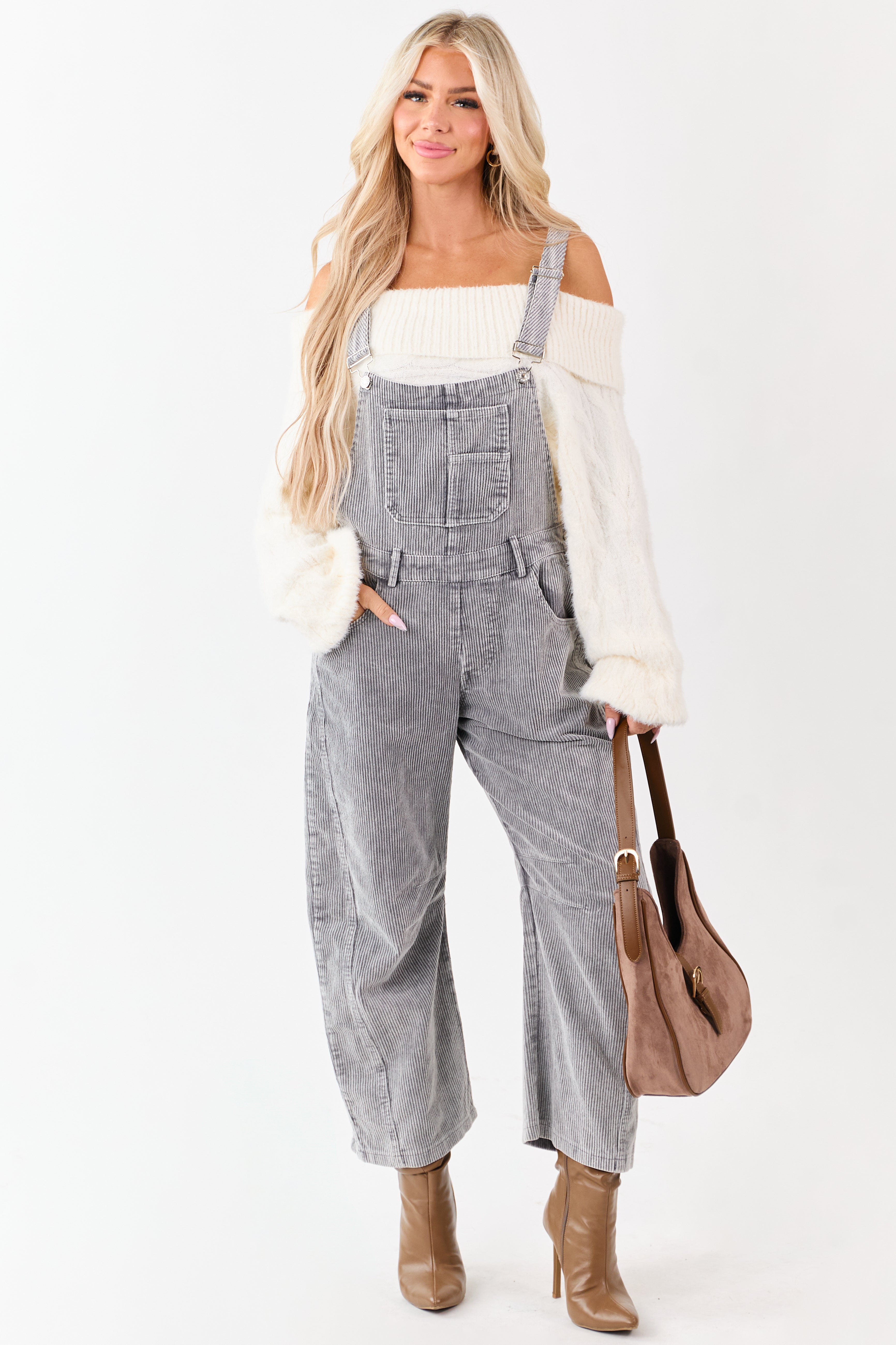 Lovelo Graphite Corduroy Straight Leg Overalls | Lime Lush Boutique